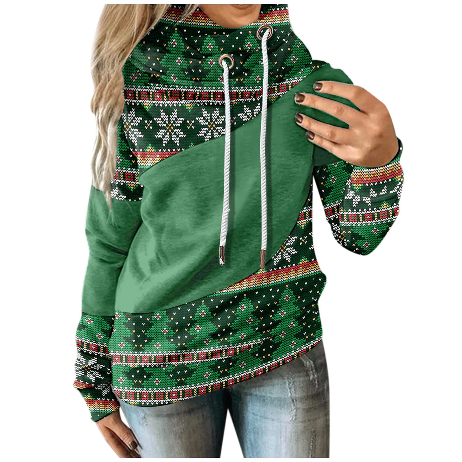 Christmas Print Contrast Splice Long Sleeve Hoodie Sweatshirt for Women - Cozy Winter Pullover with Strap Design for Holiday Parties & Casual Outfits