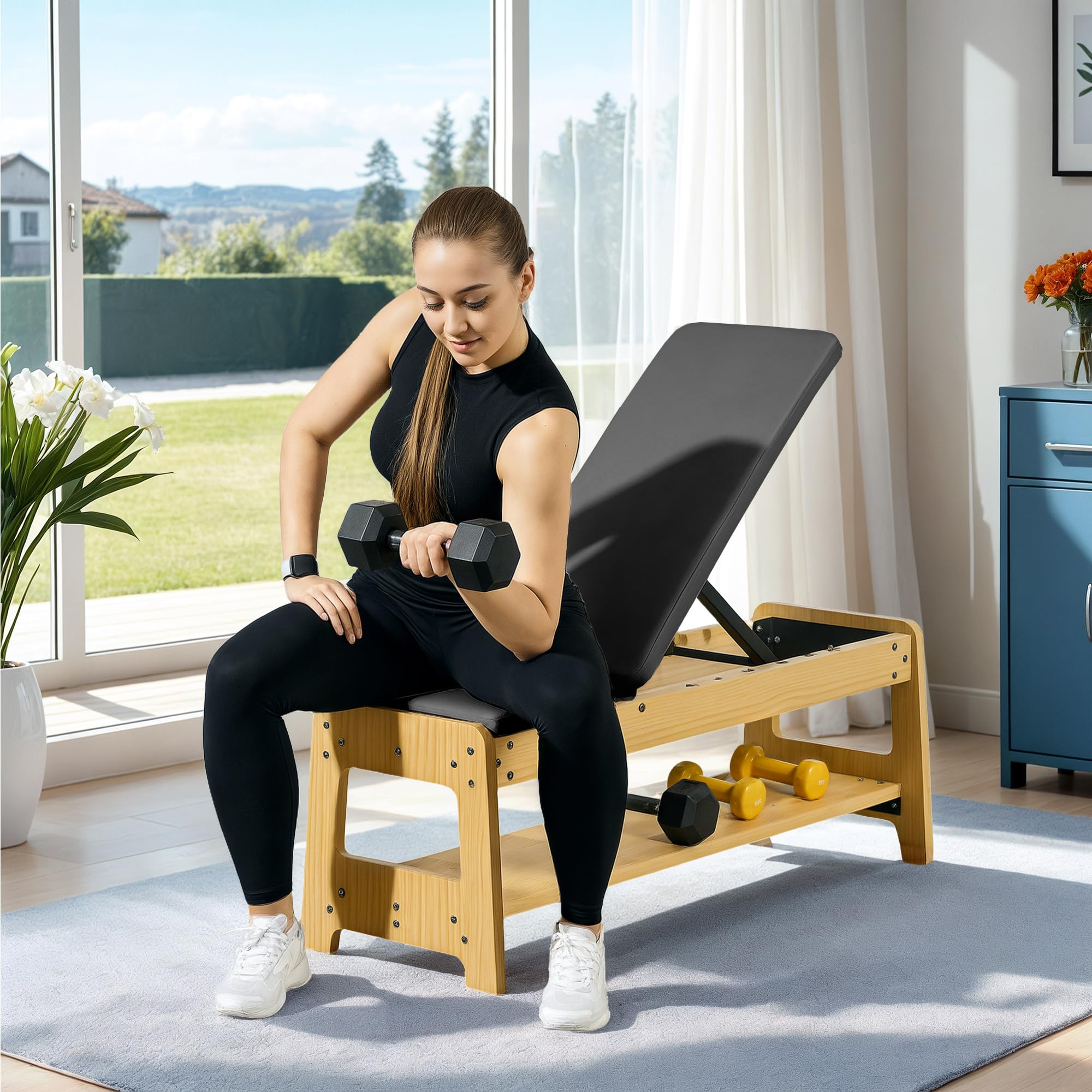 Soozier Adjustable Weight Bench with Dumbbell Rack - Wooden Workout Bench for Home Gym, Flat/Incline Exercise Bench for Strength Training & Weight Lifting - Perfect for Home Fitness, Bodybuilding & CrossFit Workouts