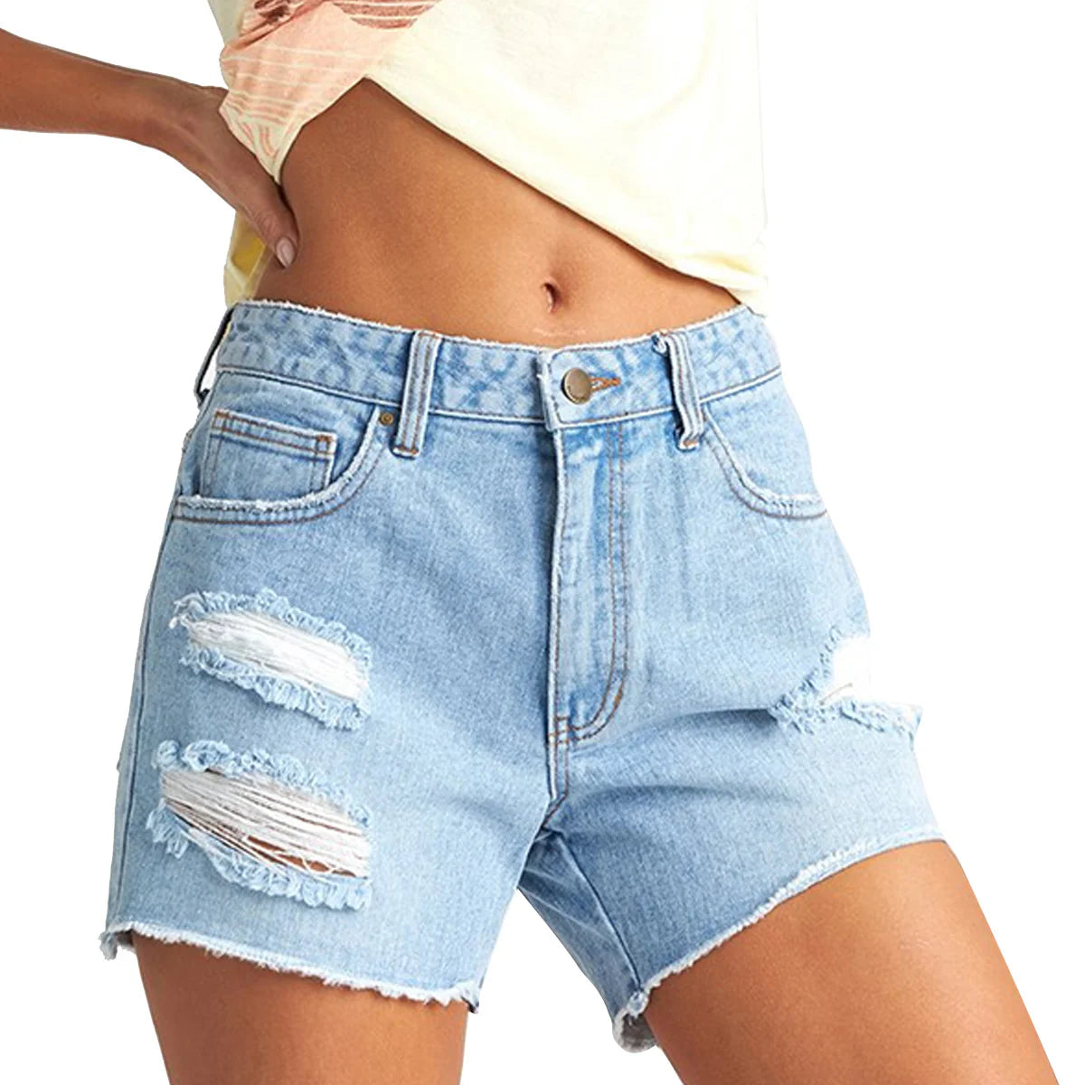 Billabong How Bout That Women's Denim Shorts - Blue Distressed High Waisted Summer Shorts for Casual Wear & Beach Outings