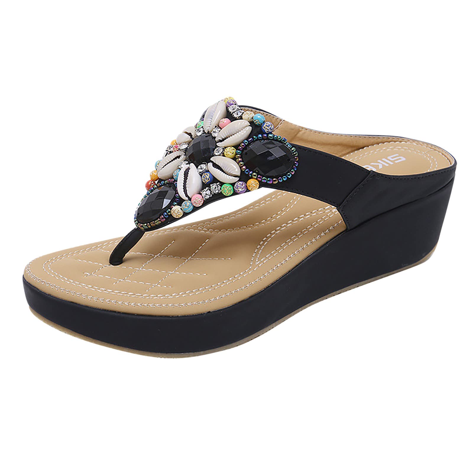 Women's Comfortable Wedge Flip Flop Sandals - Summer Casual Beaded Thong Slides with Chunky Platform for Outdoor Wear | Beach, Pool & Vacation Essentials
