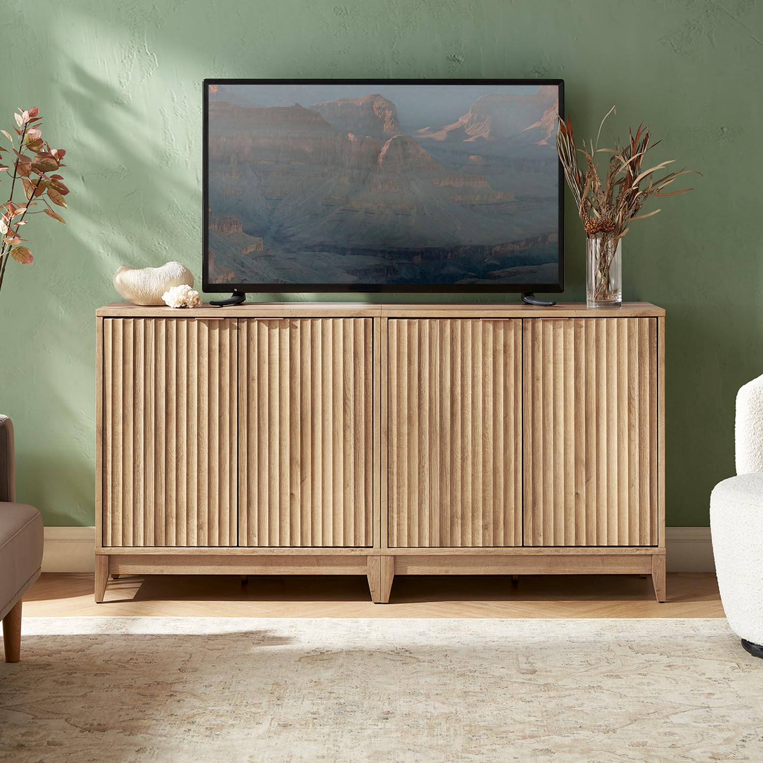 Mopio Brooklyn Storage Cabinet - Modern Farmhouse Entryway Accent Cabinet with Fluted Panel Doors & Shelf, Wooden Buffet Sideboard, Console Table & Credenza for Living Room, Dining Room & Bedroom Organization (Oak, Single)