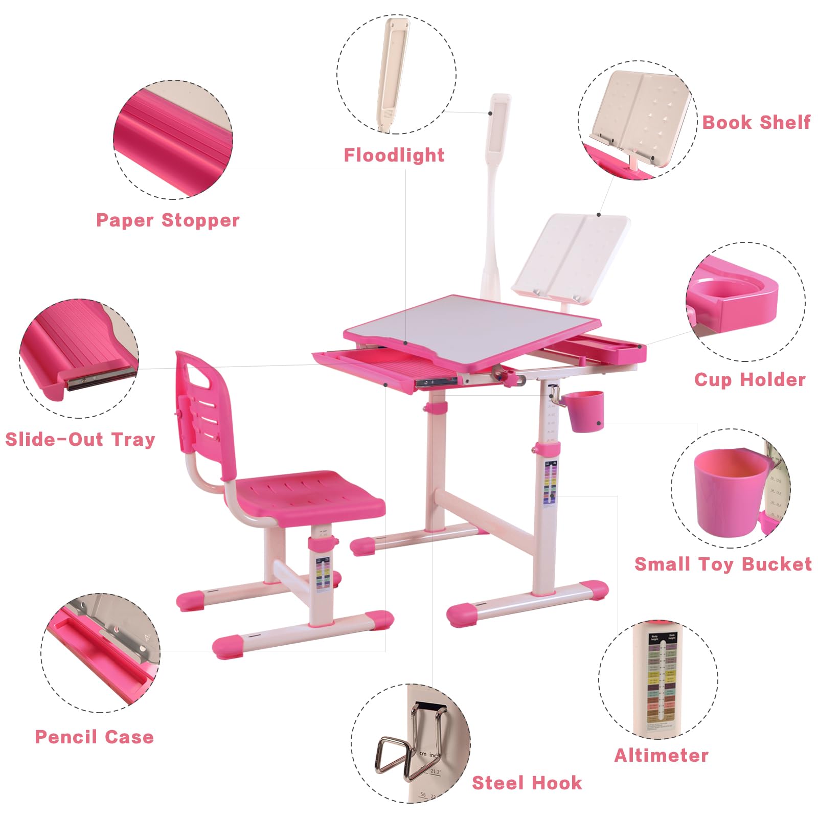 Napfox Adjustable Kids Desk and Chair Set - Ergonomic Study Desk for Children with Height Adjustable & 40° Tiltable Desktop, LED Light & Bookstand (Pink) - Perfect for Homework, Drawing & Online Learning