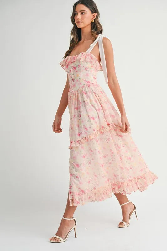 Floral Blush Pink Shoulder Strap Midi Summer Dress - Women's Flowy Casual Sundress for Beach, Vacation & Outdoor Parties