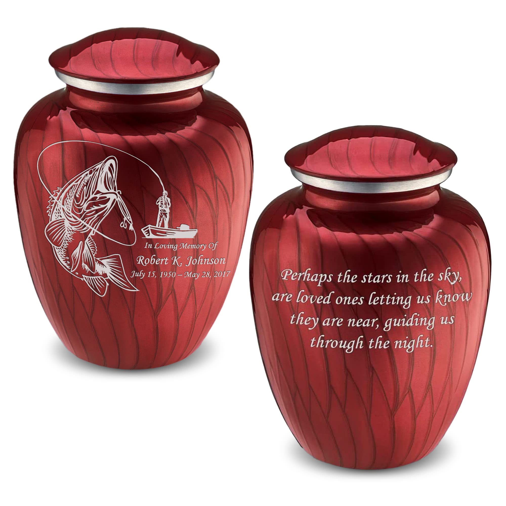 Personalized Fishing Cremation Urns for Ashes - Pearl Candy Red Funeral Urn with Double Side Engraving for Men & Women (44 lbs) | Memorial Keepsake for Anglers, Perfect for Home Display or Scattering Ceremonies