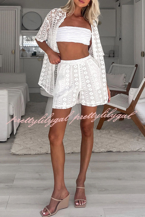 Floral Lace Short Sleeve Loose Blouse - Women's Summer Boho Top for Beach, Vacation & Casual Outings