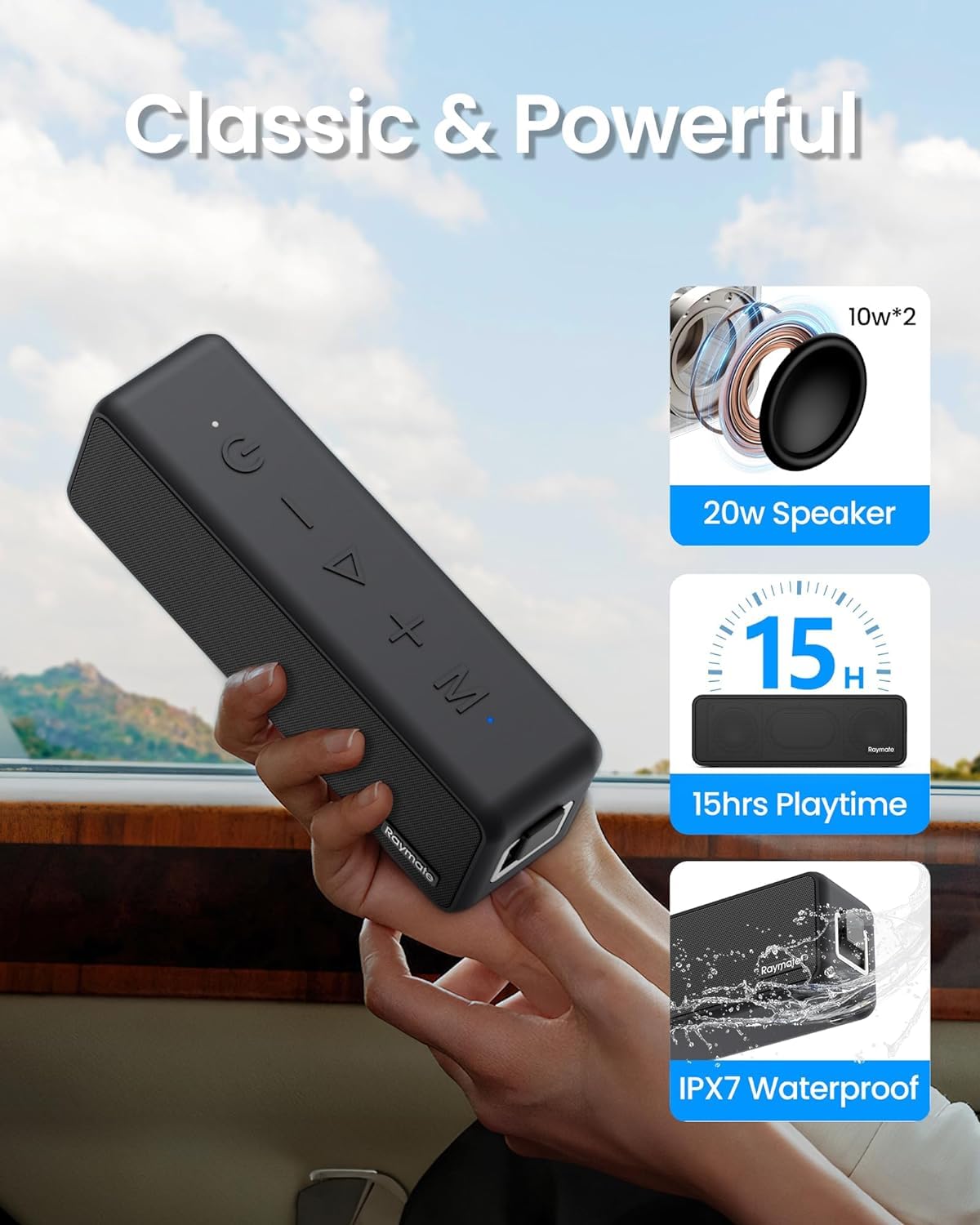 Raymate Bluetooth Speaker 20W IPX7 Waterproof Wireless Speaker with Bluetooth 5.0 | HiFi Stereo Sound & 16H Playtime | Portable Outdoor Speaker for Beach, Pool Party, Camping, Hiking & Home Use