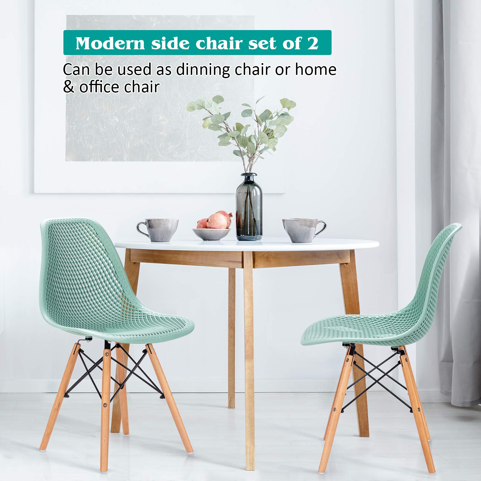 Giantex Set of 2 Modern Dining Chairs - Indoor/Outdoor Shell PP Lounge Side Chairs with Mesh Design & Beech Wood Legs - Tulip Leisure Chairs for Kitchen, Dining Room, Patio, Garden - Green (Perfect for Home, Restaurant, Cafe)