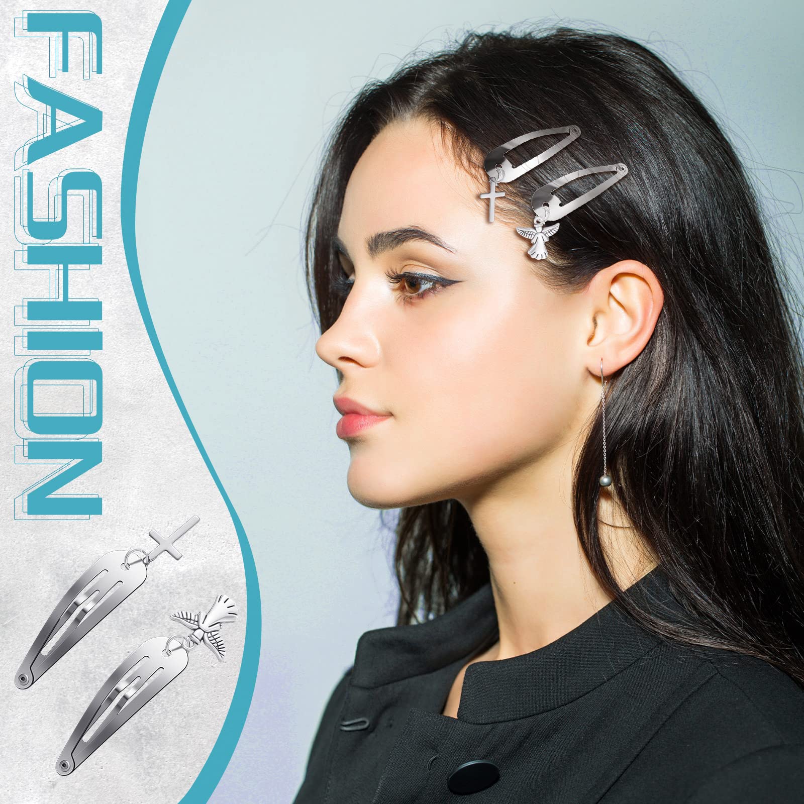 Jexine 20 Pcs Snap Hair Clips - 2 Inch Silver Cross & Heart Barrettes for Women & Girls - Hair Accessories for Hip Hop, Party & Everyday Styling