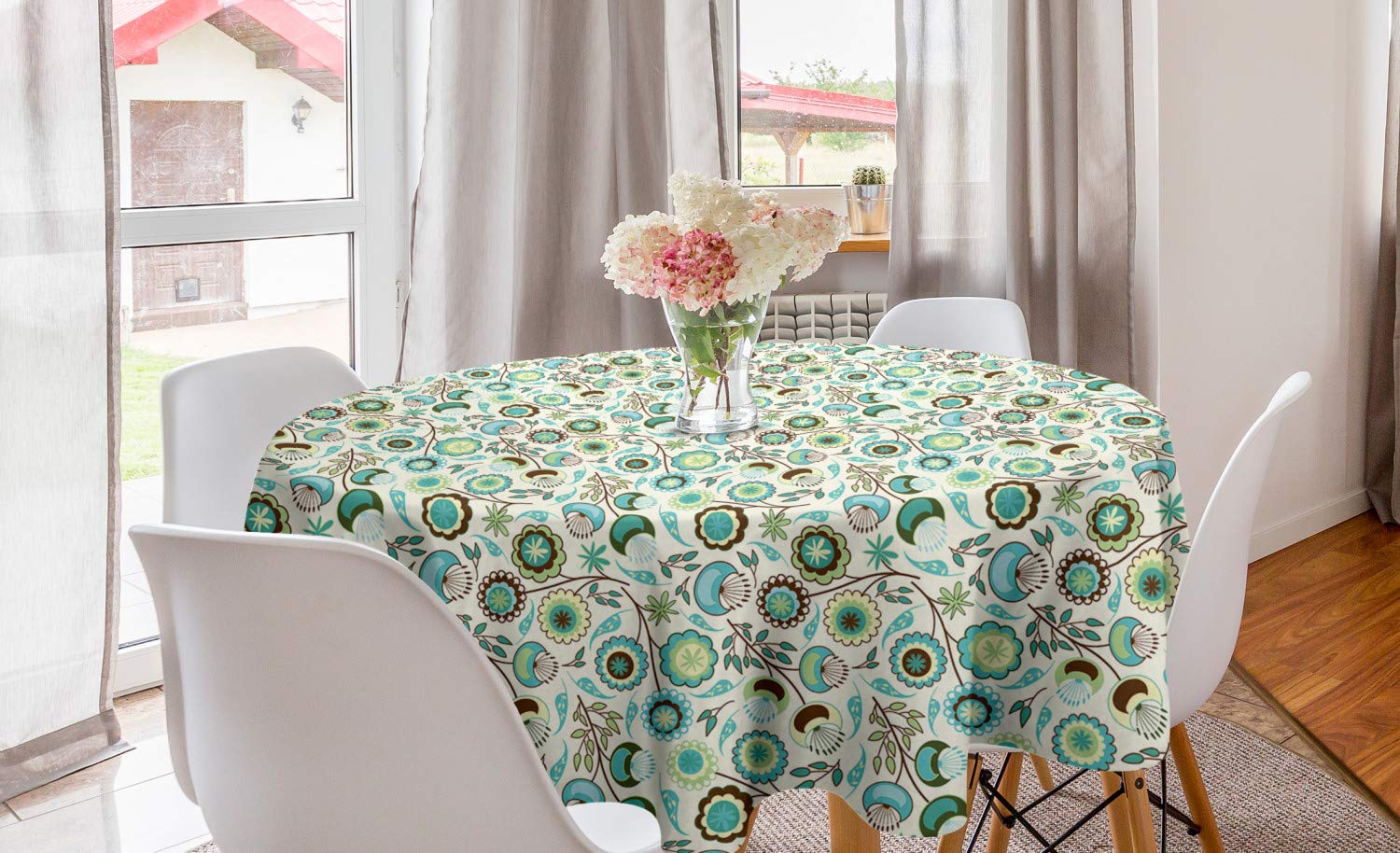 Ambesonne Retro Round Tablecloth - 60 Inch Spring Pastel Floral Design in Mint Green & Sky Blue | Waterproof & Stain-Resistant Circle Table Cover for Dining Room, Kitchen, Outdoor Picnics & Party Decorations