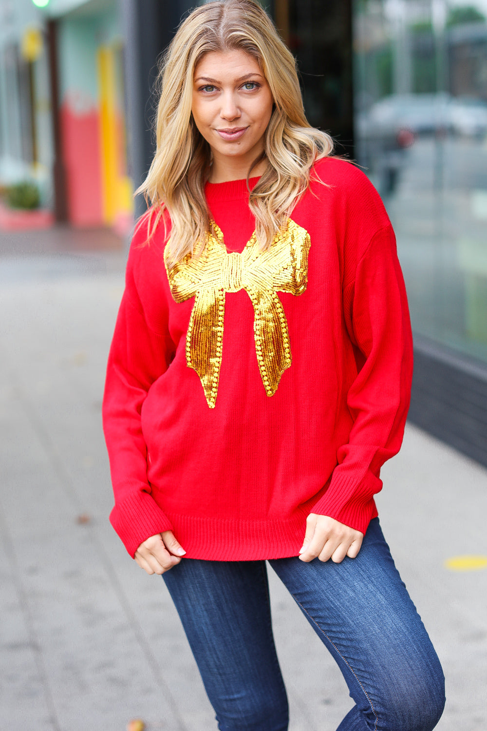 All I Want Red Sequin Bow Embroidery Knit Sweater | Women's Christmas Party Holiday Pullover | Perfect for Festive Gatherings & Winter Celebrations