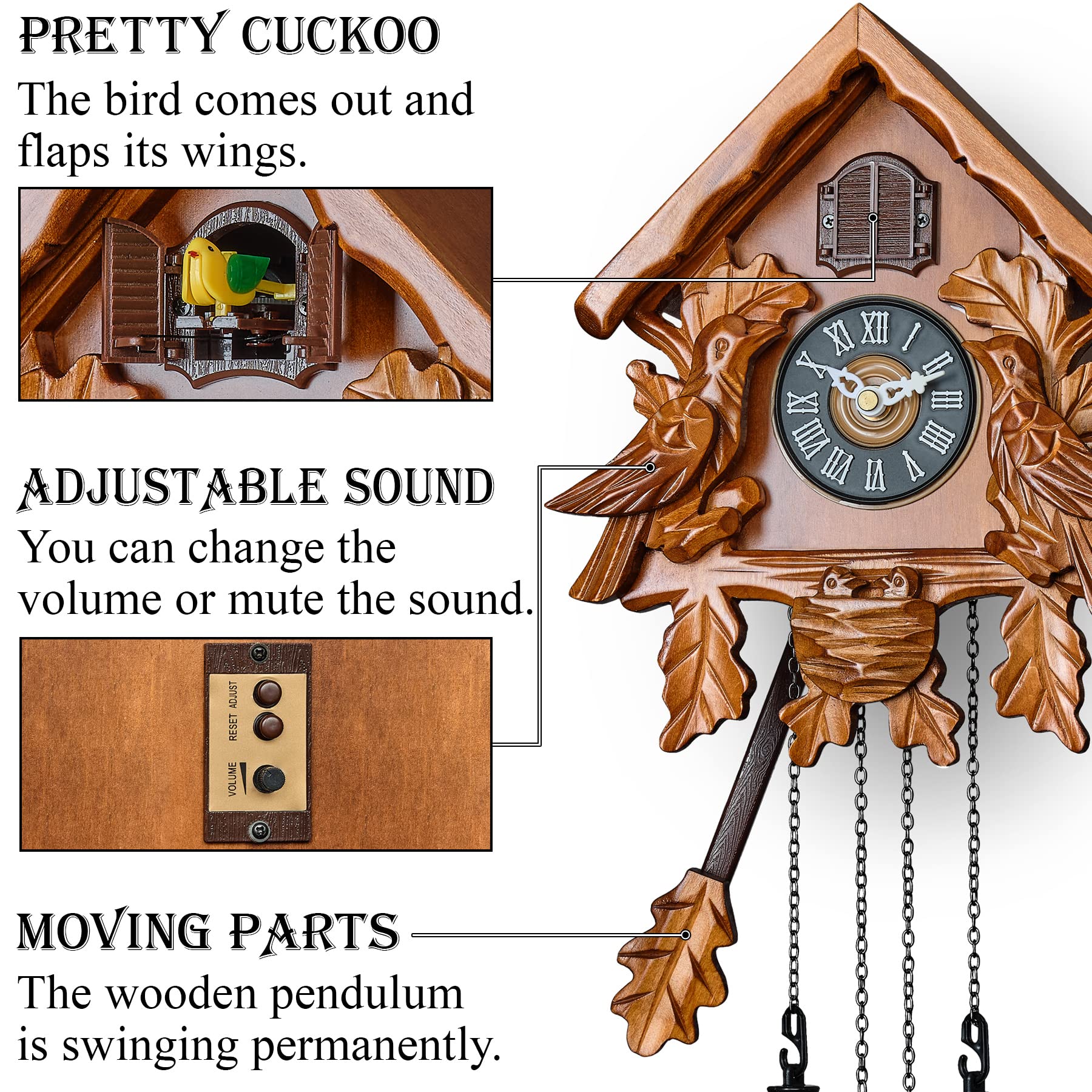 TIMEGEAR Wooden Cuckoo Clock with Night Mode & Singing Bird - Handcrafted Pendulum Wall Clock with Traditional German Design (Brown) | Perfect for Living Room, Bedroom, and Cabin Decor