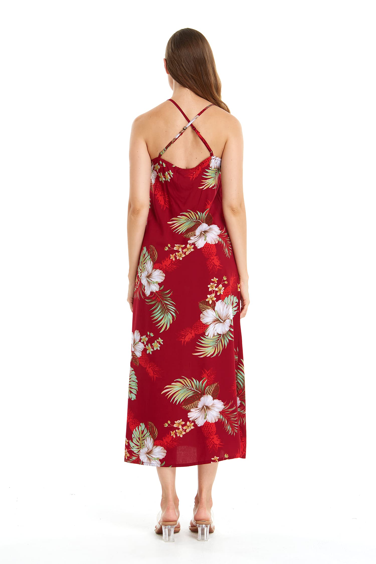 Women's Hawaiian Luau Pineapple Print Maxi Dress with Sweetheart Neckline - Navy Blue Tropical Summer Beach Party Outfit for Vacation & Poolside Gatherings