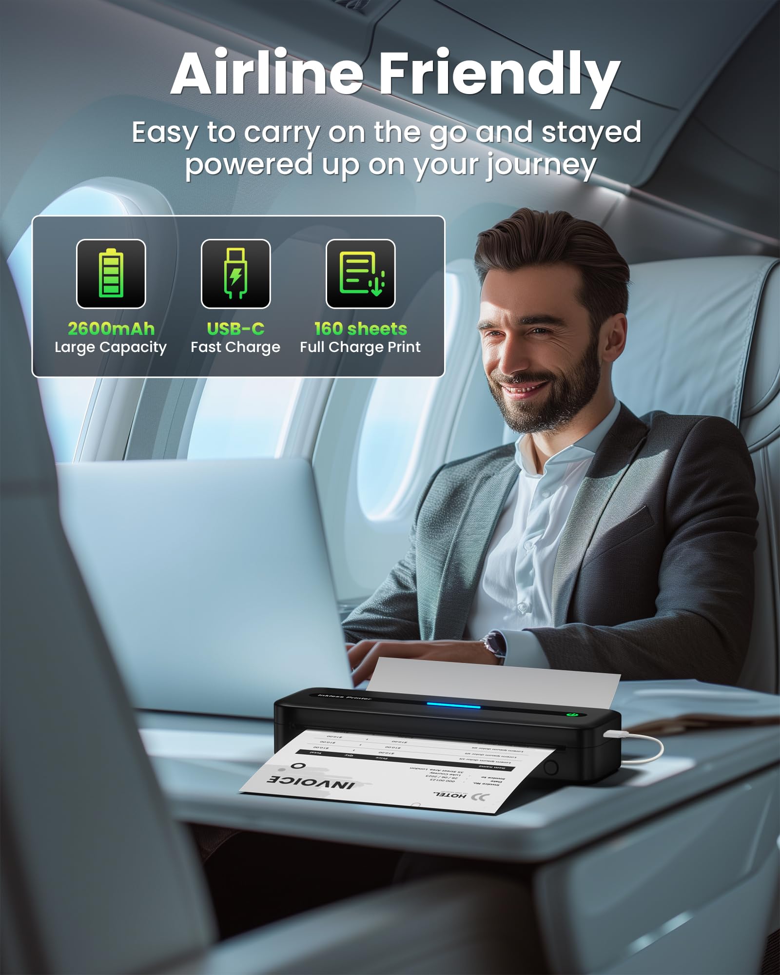 Itari Wireless Portable Printer - Bluetooth Thermal Printer for Android & iOS, Compact Inkless Printer for Travel, Home, School, Office (Supports A4 & US Letter) - Print Receipts, Labels & Documents On-The-Go
