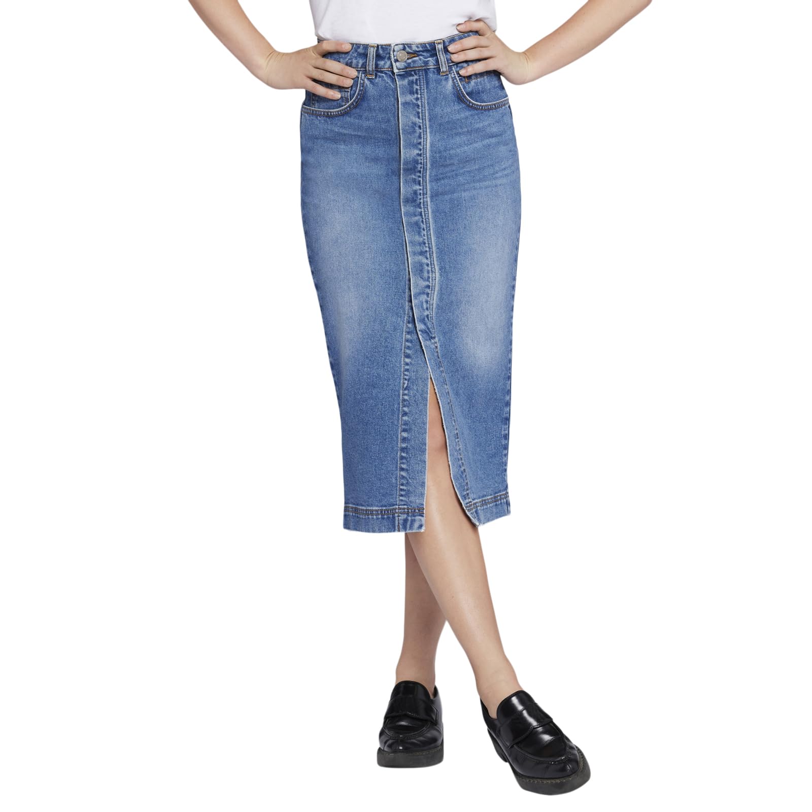 Current/Elliott Women's The Insignia Midi Denim Skirt - High Waist A-Line Jean Skirt for Women | Vintage Blue Distressed Denim Midi Skirt | Perfect for Casual Outfits, Date Nights & Summer Fashion