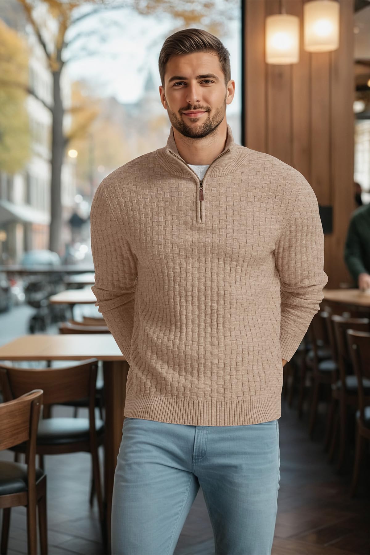 Askdeer Men's Quarter Zip Waffle Knit Pullover Sweater - Mock Neck Ribbed Casual Polo Shirt for Work, Travel & Outdoor Activities