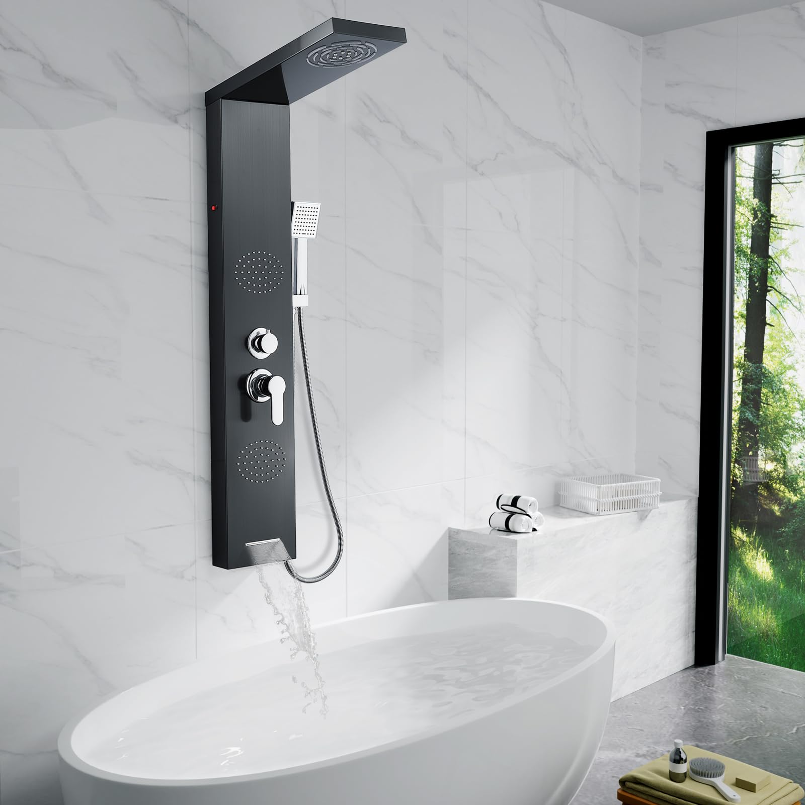 POPFLY Stainless Steel Shower Panel System with LED Mist & Rain Shower Head, 2 Full Body Massage Jets, Tub Spout - Matte Black for Modern Bathroom Upgrade | Perfect for Spa-Like Shower Experience & Luxury Bathroom Renovation