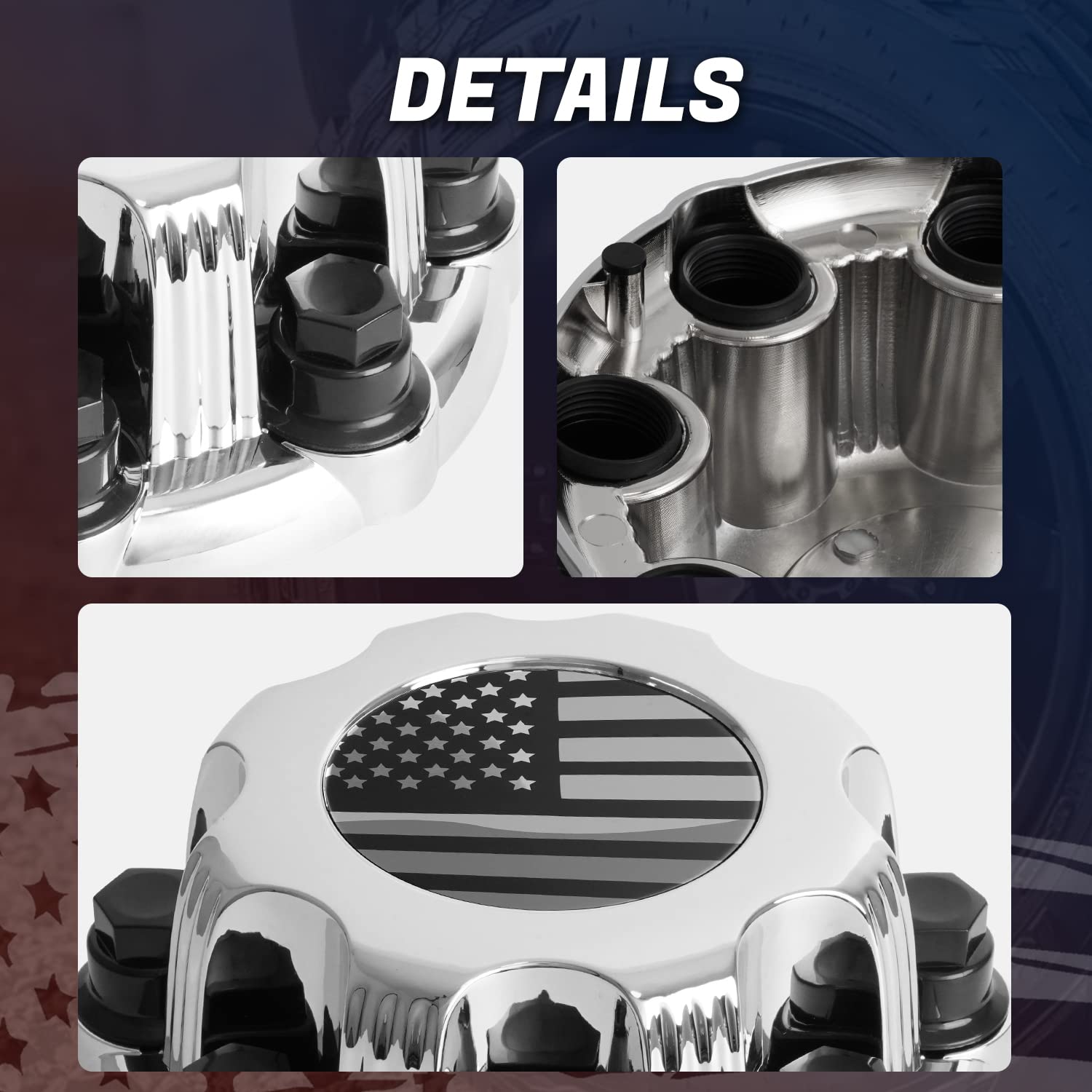 Chevy Chevrolet & GMC 8 Lug Wheel Center Hub Caps - Replacement for OE #15039488 15039489 9597169 9597170 - Set of 4 American Flag Style Hubcaps for Off-Road & Truck Enthusiasts - Perfect for Customizing Pickup Trucks, SUVs & Off-Road Vehicles