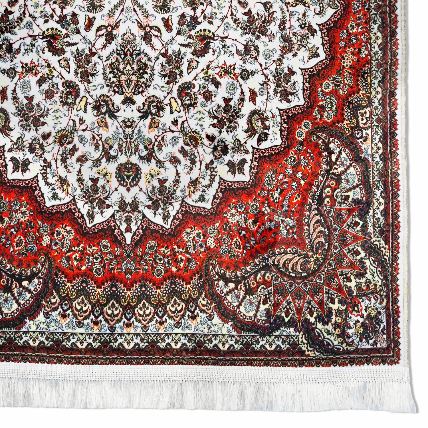 Premium Islamic Prayer Rug - White & Red Ornate Design Muslim Prayer Mat for Home & Mosque - Perfect for Daily Salah, Jummah & Ramadan Worship