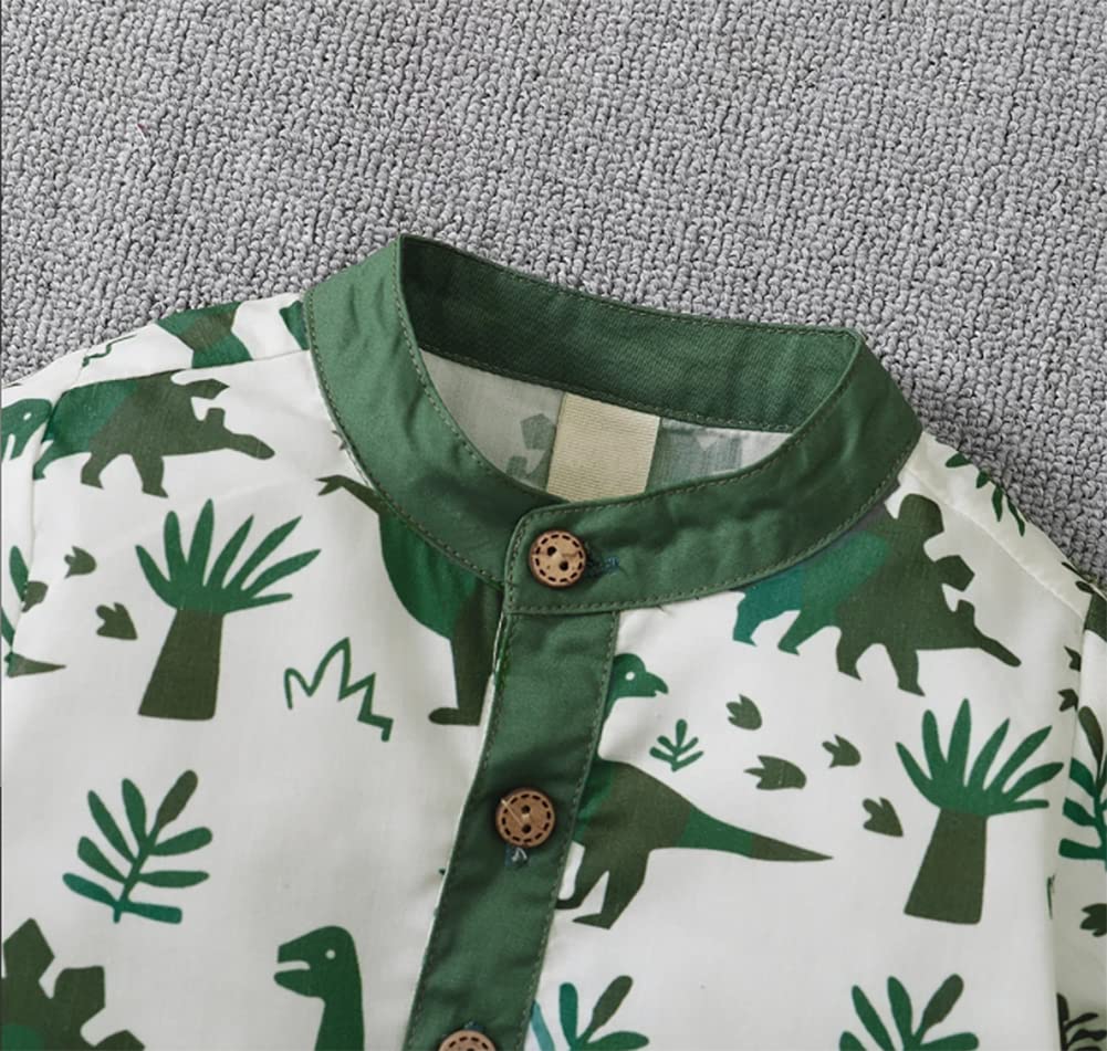 Stylish Green Dinosaurs Printed Toddler Boys Henley Shirt & Shorts 2-Piece Outfit - Soft Cotton Summer Clothes for Playdates, Daycare & Outdoor Adventures