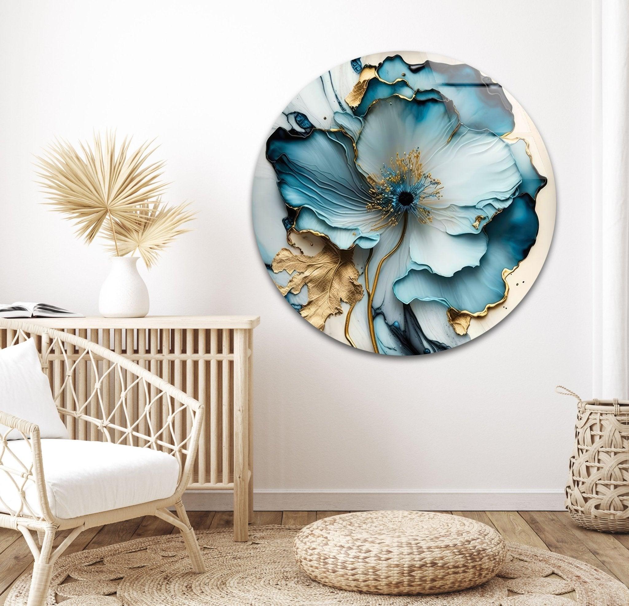 Abstract Blue Flower Glass Wall Art - Modern Handmade Decor for Living Room, Bedroom, Office - Elegant Home & Gift Idea for Housewarming, Wedding, Anniversary