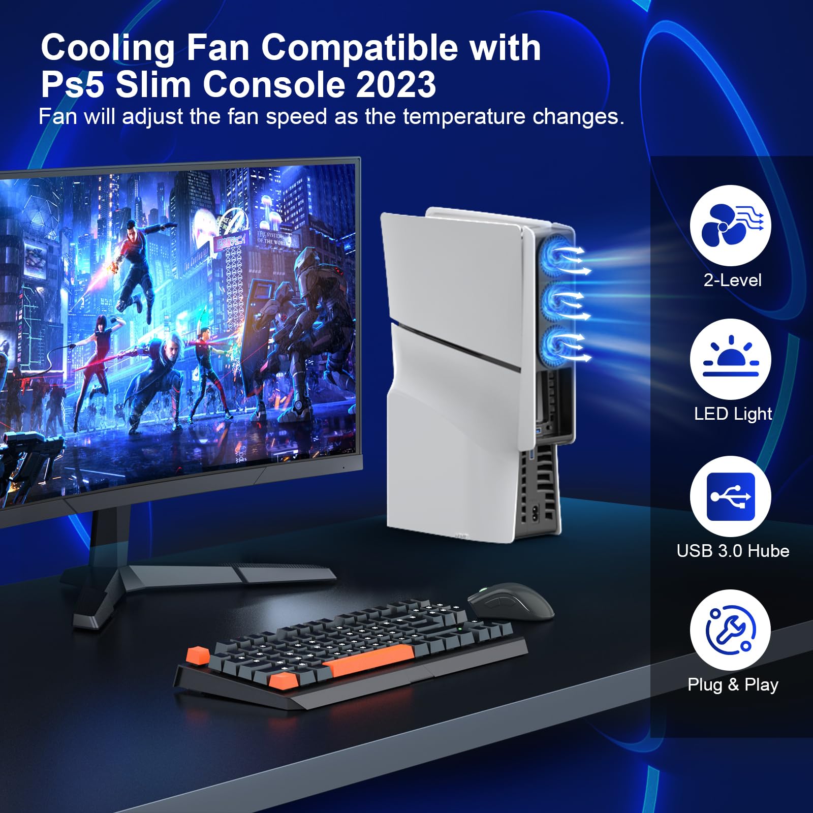 PS5 Slim Cooling Fan with Auto ON/OFF, 2-Speed Quiet Cooling, LED Light & USB Port - Compatible with PS5 Slim Digital & Disc Edition (Not for PS5) - Perfect for Gaming Sessions & Overheating Prevention