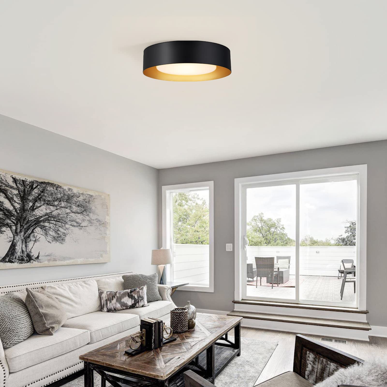 Modern Black & Gold Flush Mount Ceiling Light Fixture - 16.5