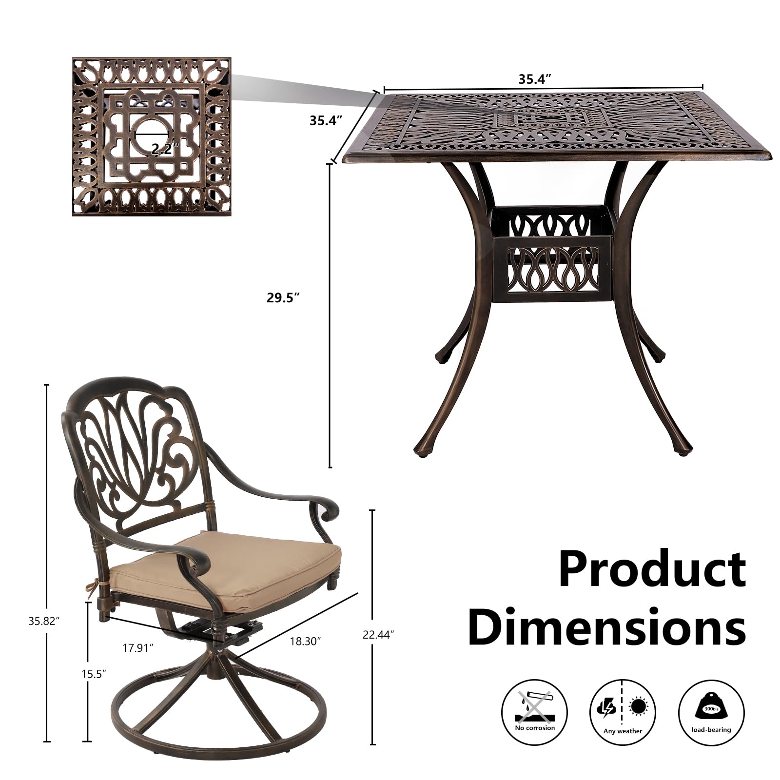 Grepatio 5-Piece Cast Aluminum Outdoor Dining Set with 4 Swivel Rocker Chairs & 35.4