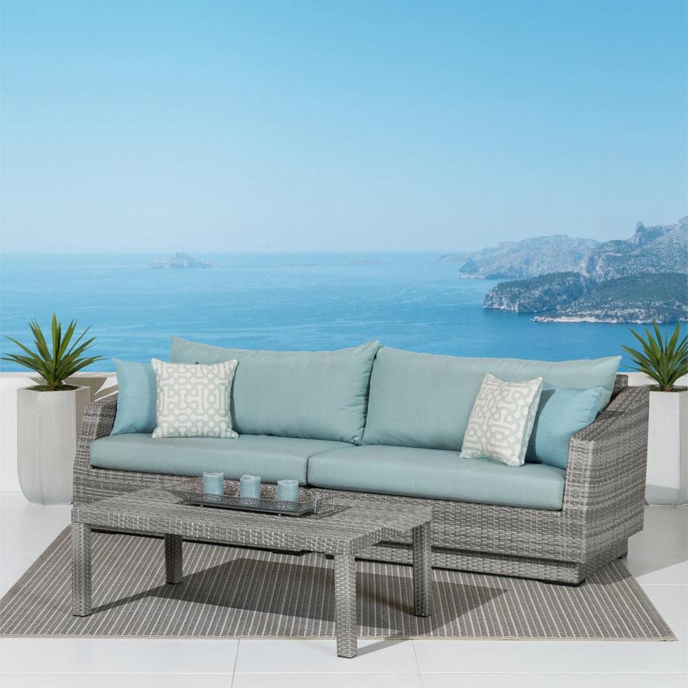 RST Brands Cannes Outdoor Patio Sofa Set with Coffee Table - Navy Blue Water-Resistant Cushions for Backyard, Garden, and Poolside Relaxation