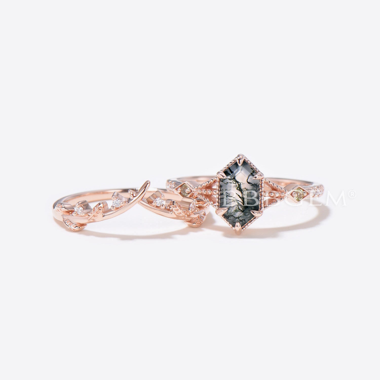 Long Hexagon Cut Moss Agate Ring Set - Rose Gold 3 Stone Engagement Ring for Women | Wedding, Anniversary & Promise Jewelry Gift