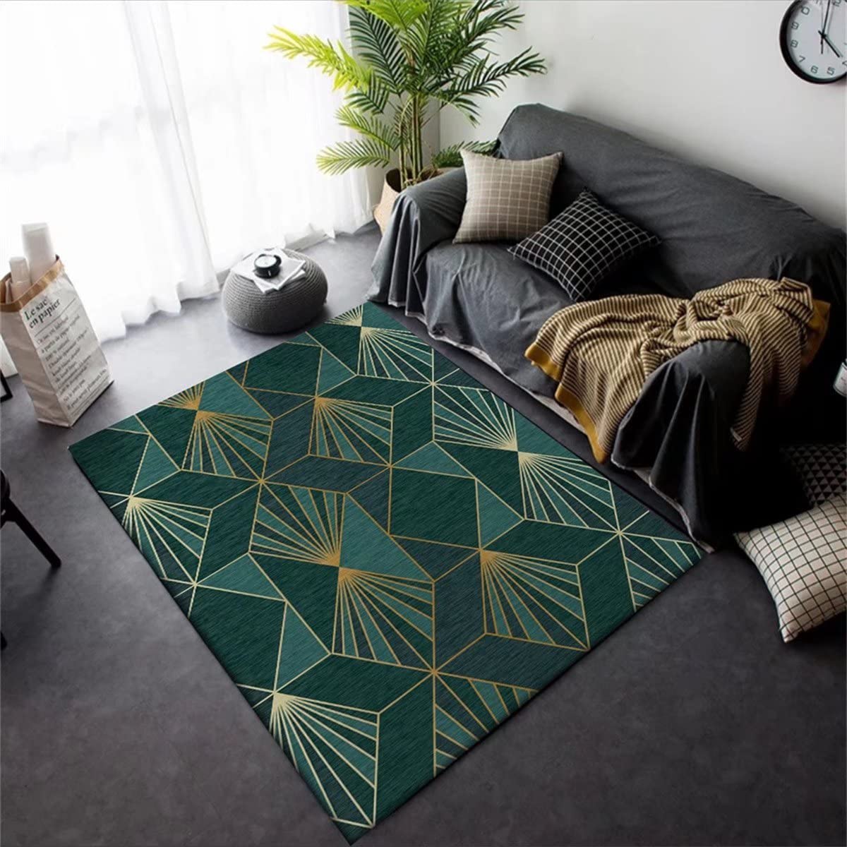 3D Cubes Geometric Area Rug 4'x5' - Non-Slip Machine Washable Green Carpet for Bedroom, Living & Dining Room | Modern Home Floor Mat Decor for Contemporary Spaces