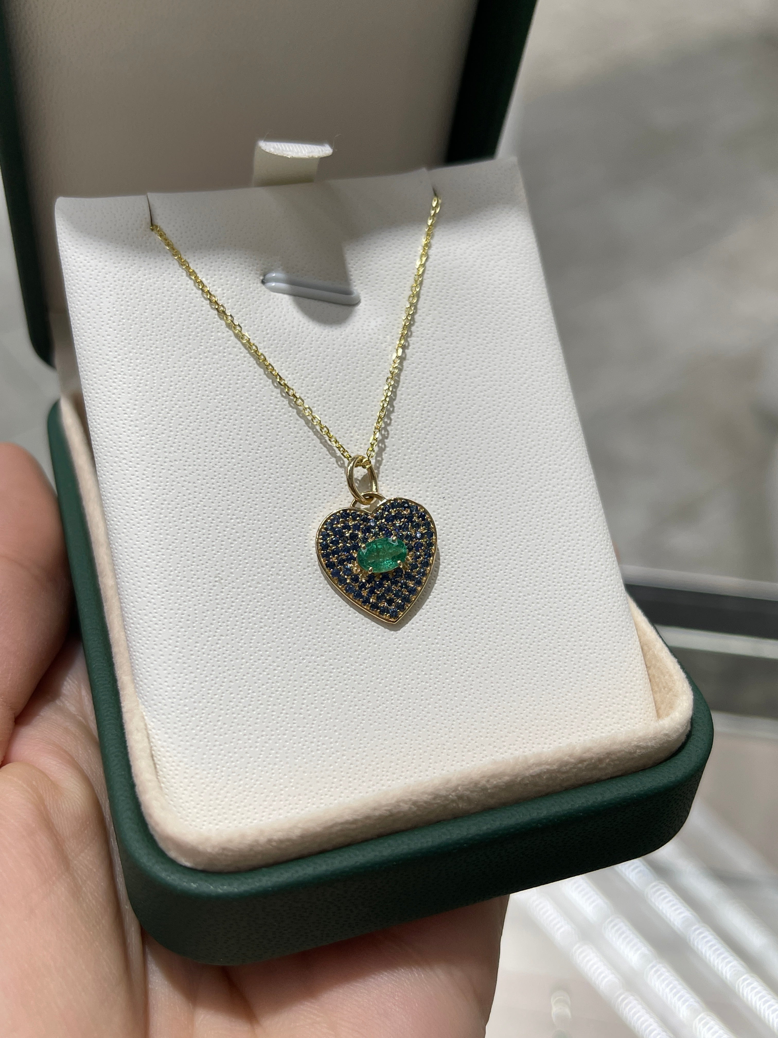 1.10tcw Genuine Emerald & Blue Sapphire Heart Charm Pendant in 14K Gold - Perfect for Valentine's Day Gifts, Anniversary Jewelry & Romantic Occasions