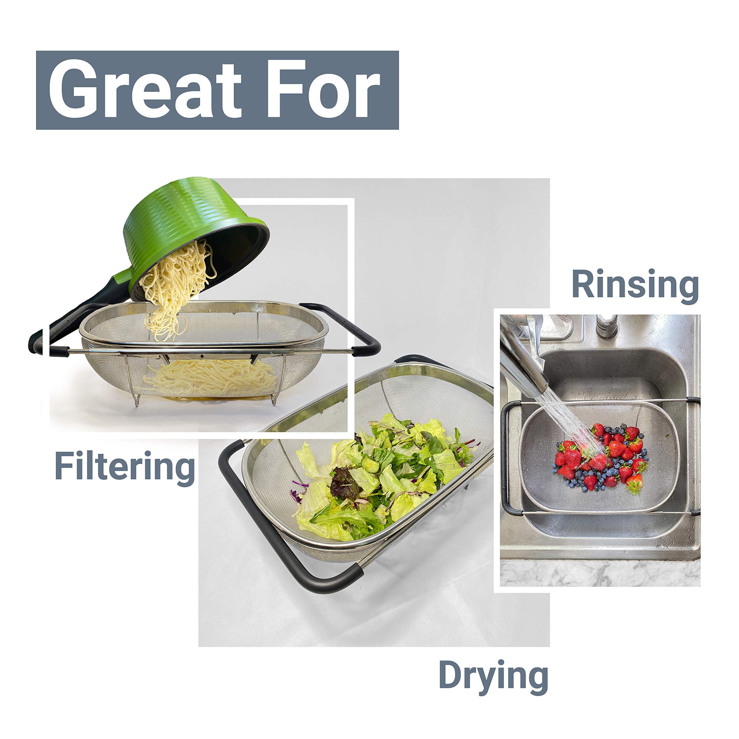 Makerstep Expandable Over-the-Sink Colander Strainer Basket - Stainless Steel with Rubber Grip, Fine Mesh Design for Effortless Draining, Perfect for Washing Fruits, Vegetables, and Pasta in Your Kitchen