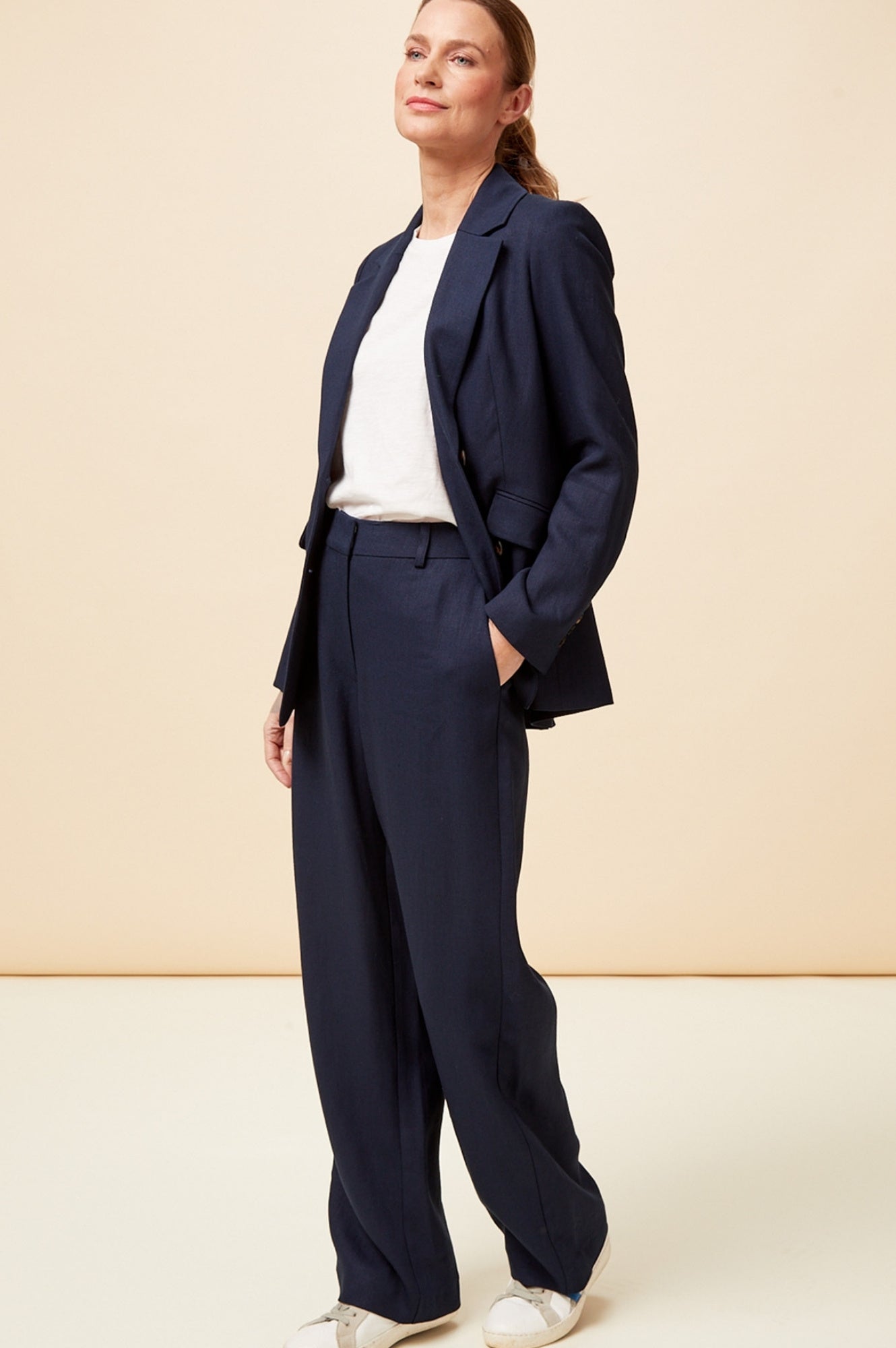Premium Linen Blend Blazer for Women - Navy Blue Slim Fit Business Casual Jacket - Perfect for Office Wear, Weddings & Summer Outfits