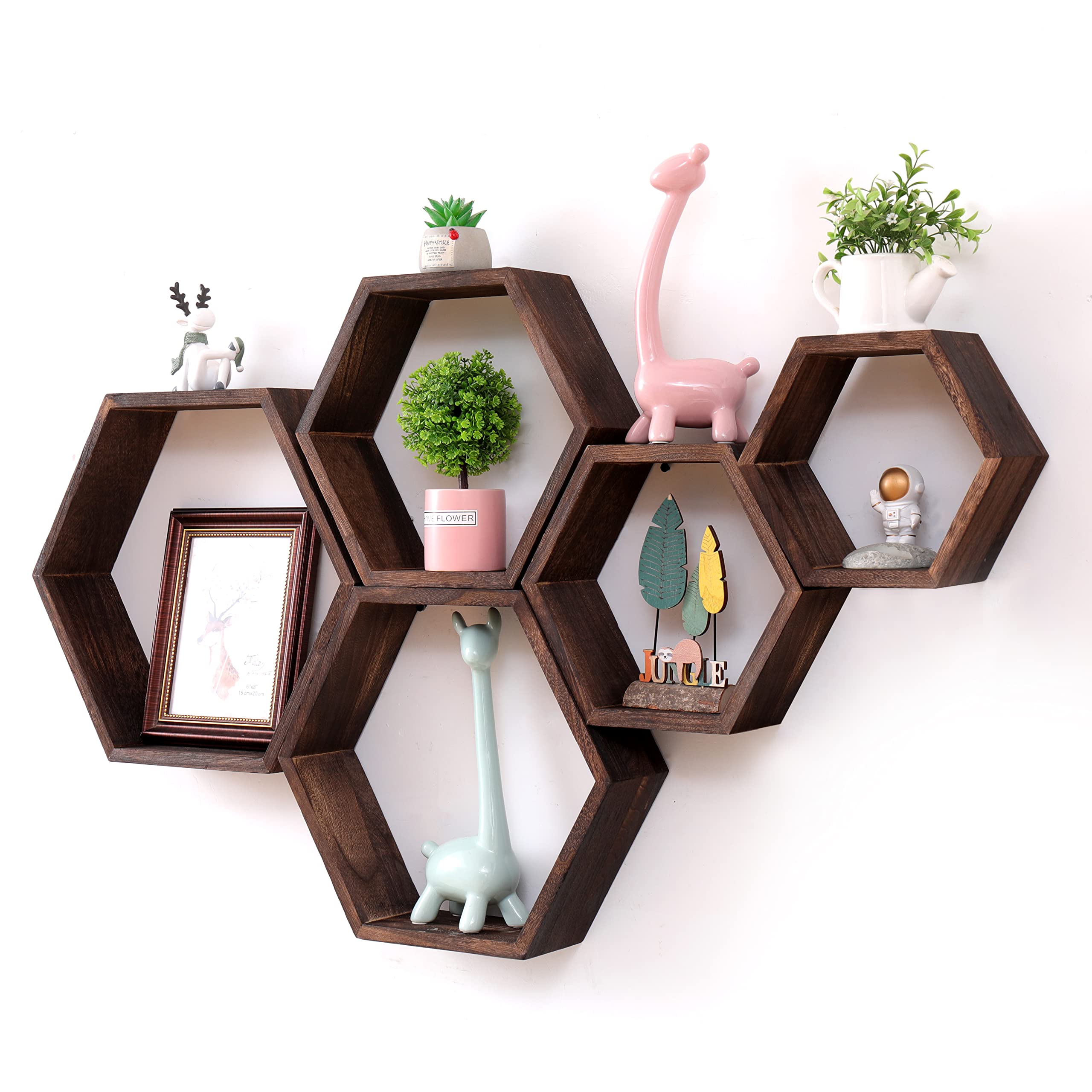 Hexagon Floating Shelves Set - Honeycomb Wall Mounted Wood Shelves for Bathroom, Kitchen, Bedroom & Living Room - Farmhouse Storage Shelf with Driftwood Finish - Dark Brown Home Decor - Perfect for Displaying Plants, Photos & Decorative Items