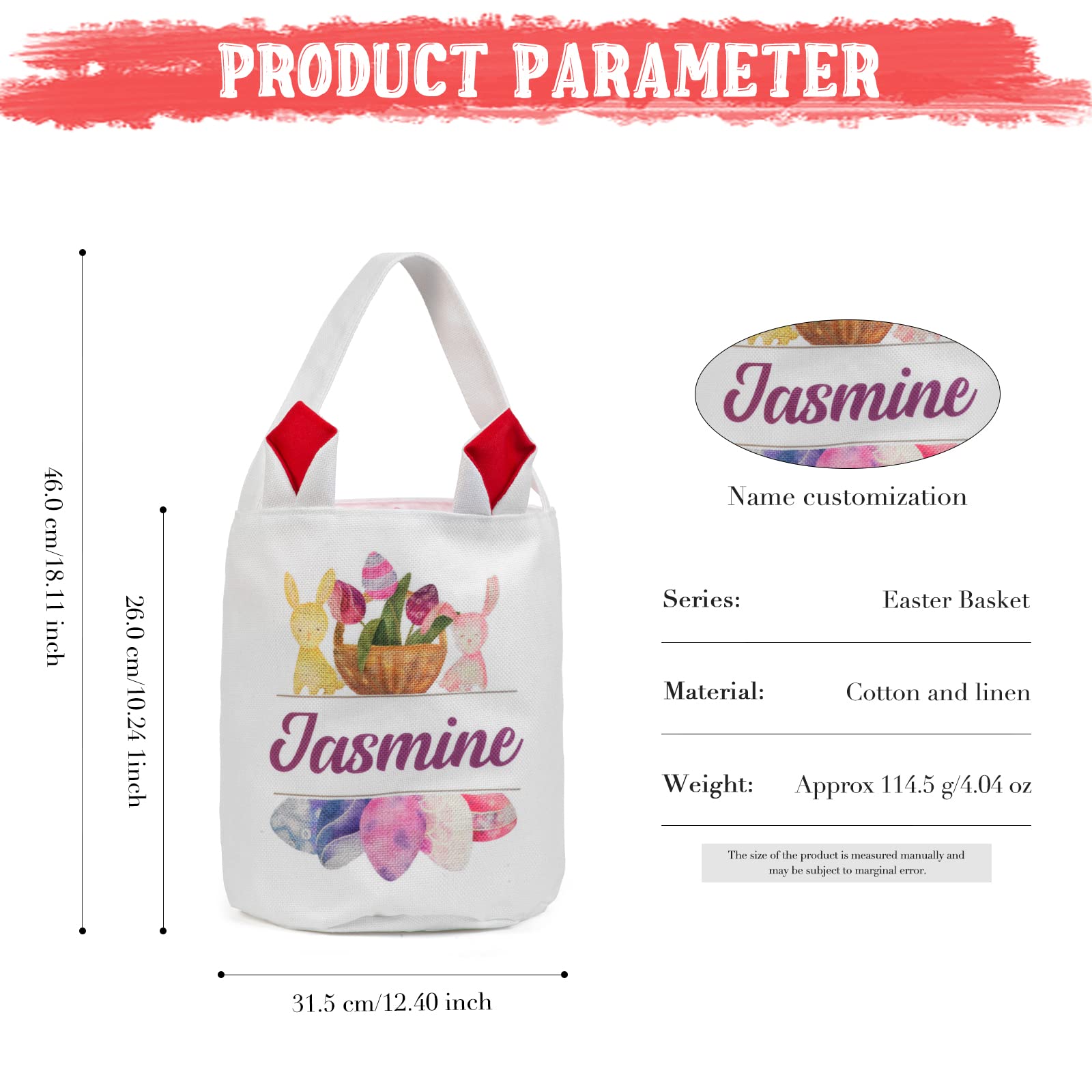Personalized Easter Bunny Basket Bags with Custom Name - Cute Rabbit Print Candy Egg Buckets for Easter Gifts, Egg Hunts & Spring Decorations