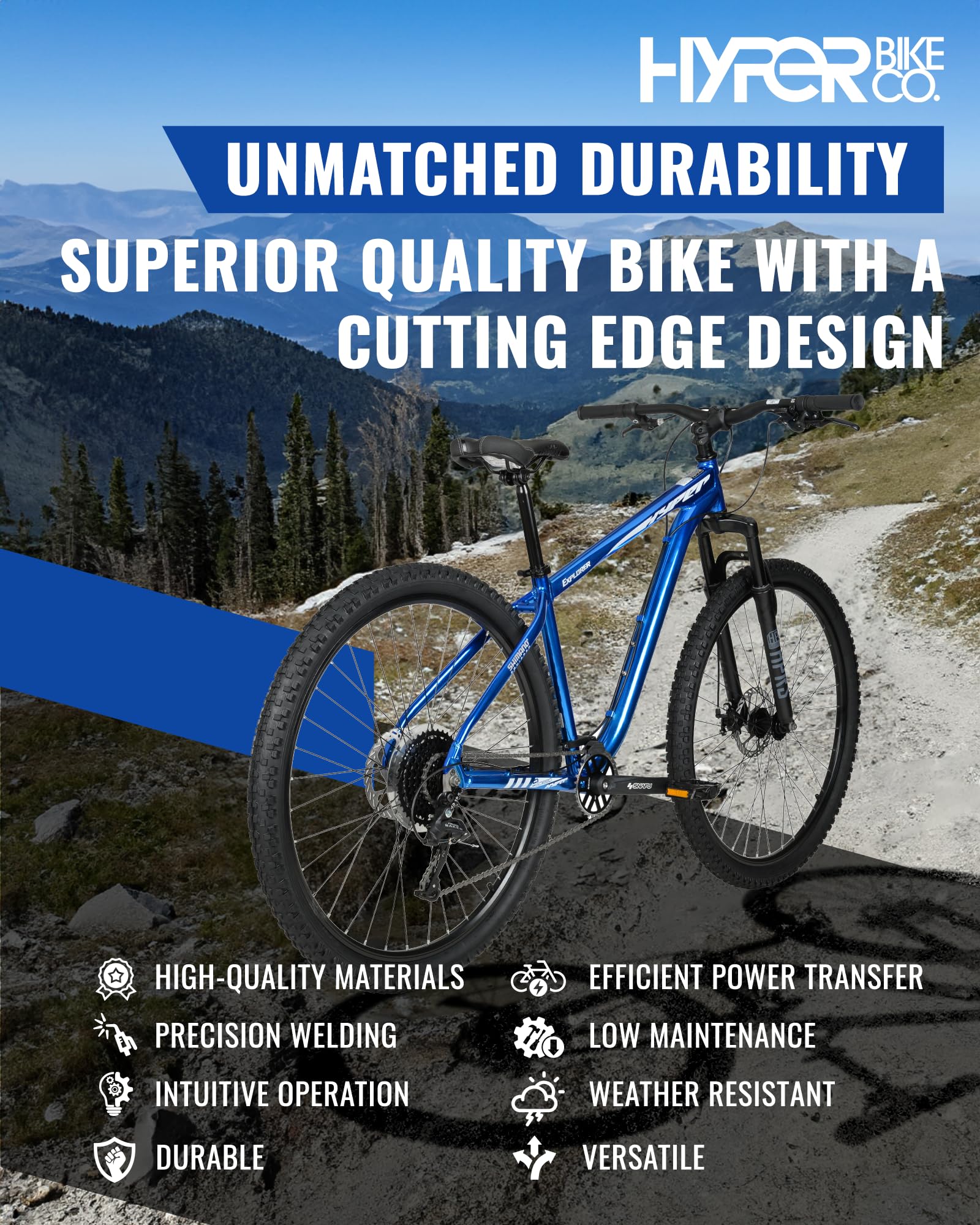 **29 Inch Hyper Mountain Bike for Men & Women - Lightweight Aluminum Hardtail Frame, Shimano 9-Speed Shifters - Perfect for Trail Riding & Outdoor Adventures (Blue)**