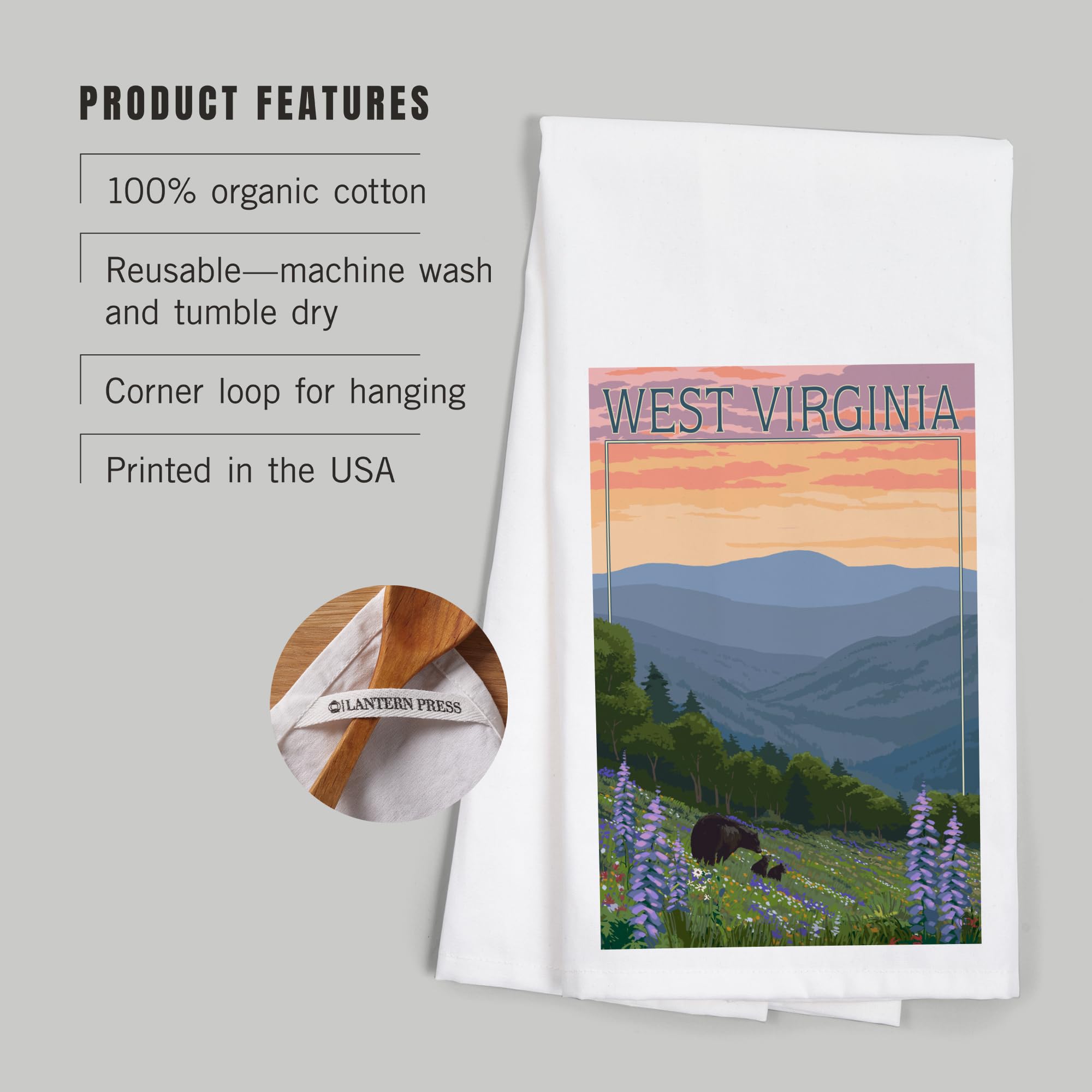 Lantern Press West Virginia Bear and Spring Flowers Cotton Tea Towel - 100% Cotton Decorative Hand Towel for Kitchen, Home Decor, Gift Idea - Perfect for Dish Drying, Wall Art & Cozy Farmhouse Style