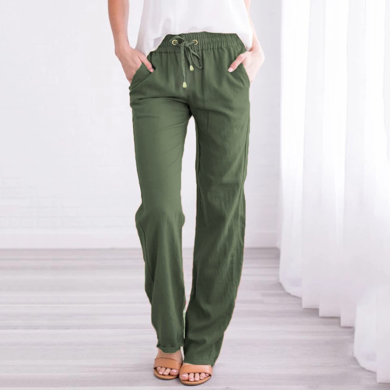 Women's High Waisted Linen Pants - Straight Leg Casual Drawstring Trousers with Pockets | Summer Beach Palazzo Pants for Travel, Yoga & Lounge Wear