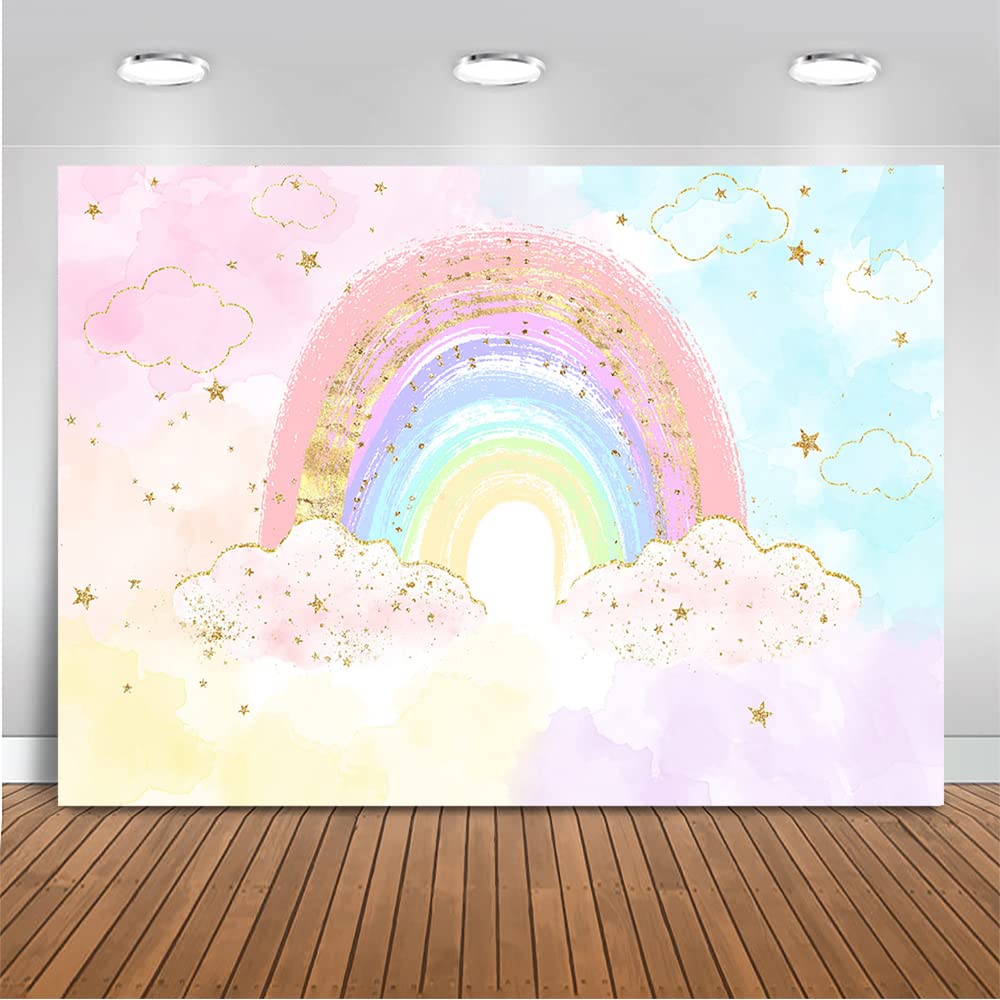 Vibrant Rainbow Birthday Backdrop - 7x5ft Colorful Party Decor for Girls, Cake Table & Photo Booth | Pastel Watercolor Gold Design - Perfect for Birthday Parties, Baby Showers & Celebrations