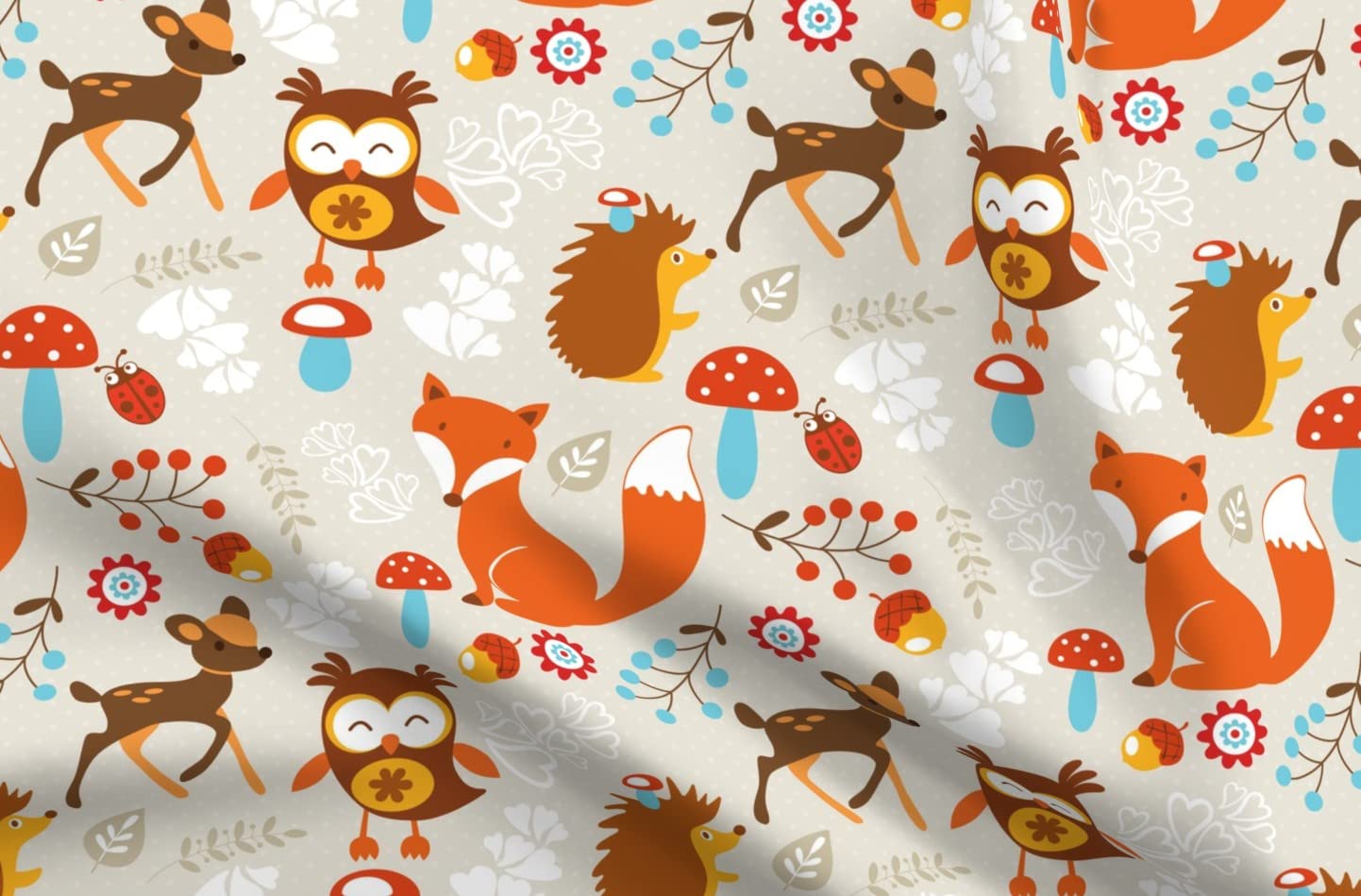Woodland Creatures Printed Minky Fabric - Fox, Deer, Hedgehog, Mushroom & Owl Design on Soft Orange/Brown Fat Quarter for Baby Blankets, Quilt Backing & Plush Sewing Projects - Perfect for Nursery Decor & DIY Crafts