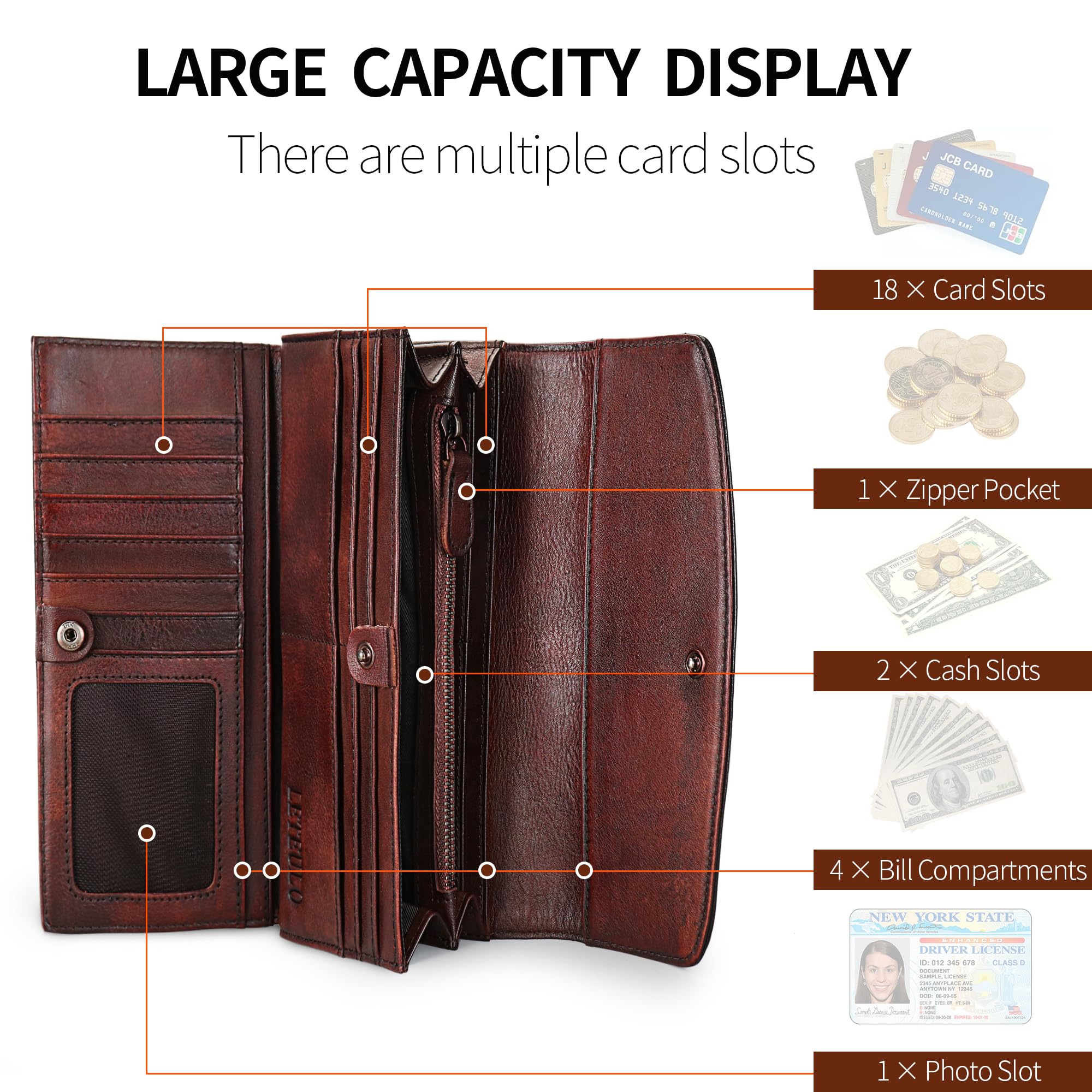 ORIREAL Women's Large Capacity Leather Wallet - RFID Blocking Clutch Purse with Card Organizer for Everyday Use, Travel & Shopping