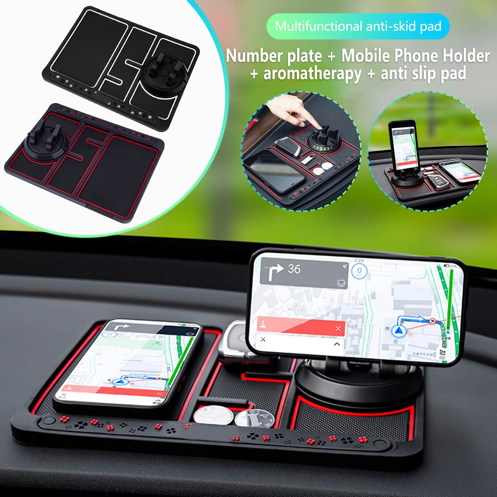 2023 Non-Slip Glow in the Dark Car Dashboard Phone Mat - 4-in-1 Universal Anti-Shake Phone Holder with Temporary Parking Card & Aromatherapy Pad (Red) | Perfect for Night Driving, Road Trips & Daily Commute