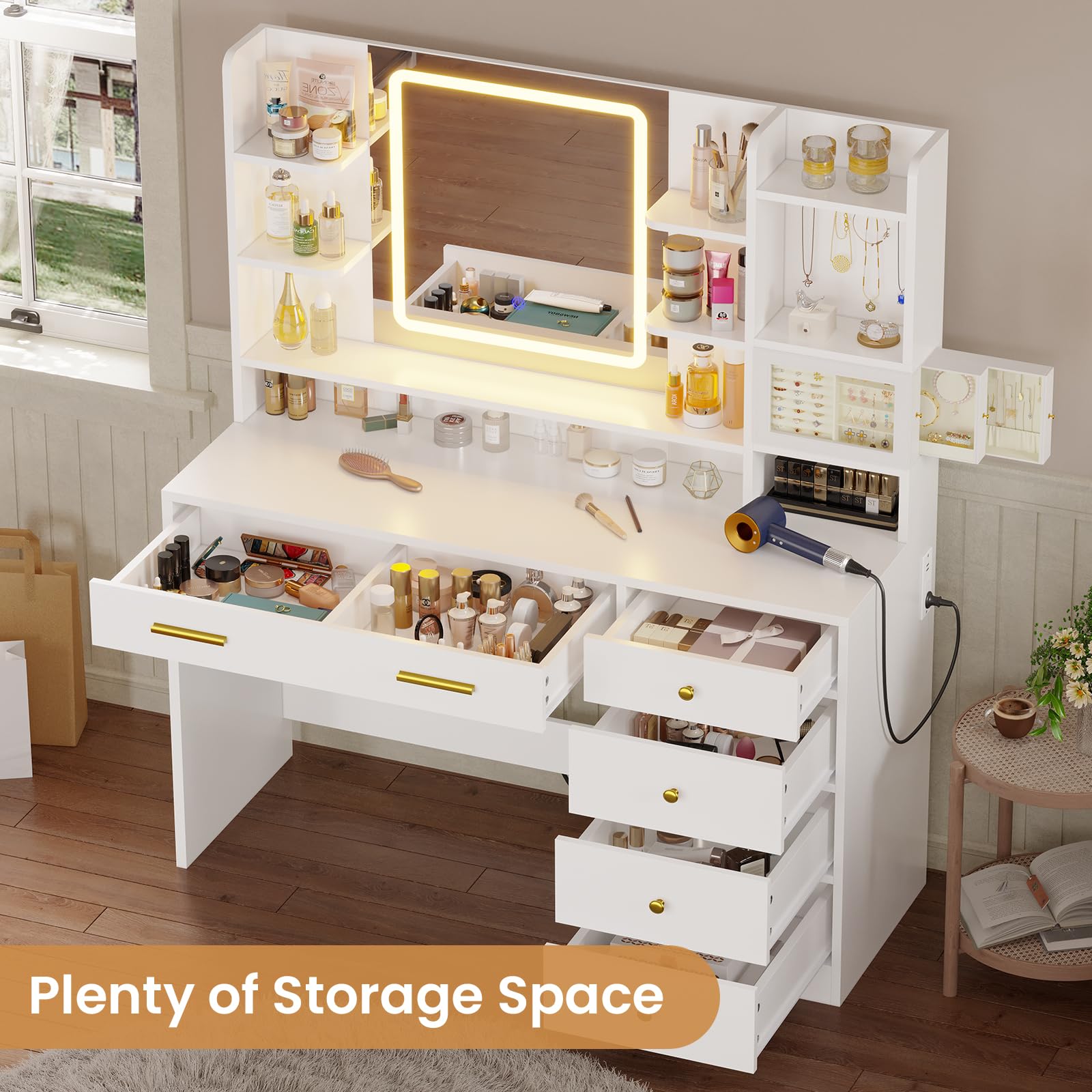 Modern White Makeup Vanity Desk with 3-Layer Jewelry Box, USB Charging Station & Touch Screen LED Mirror - 6 Drawers, Shelves & Hooks for Bedroom Organization - Perfect for Beauty Routines & Jewelry Storage