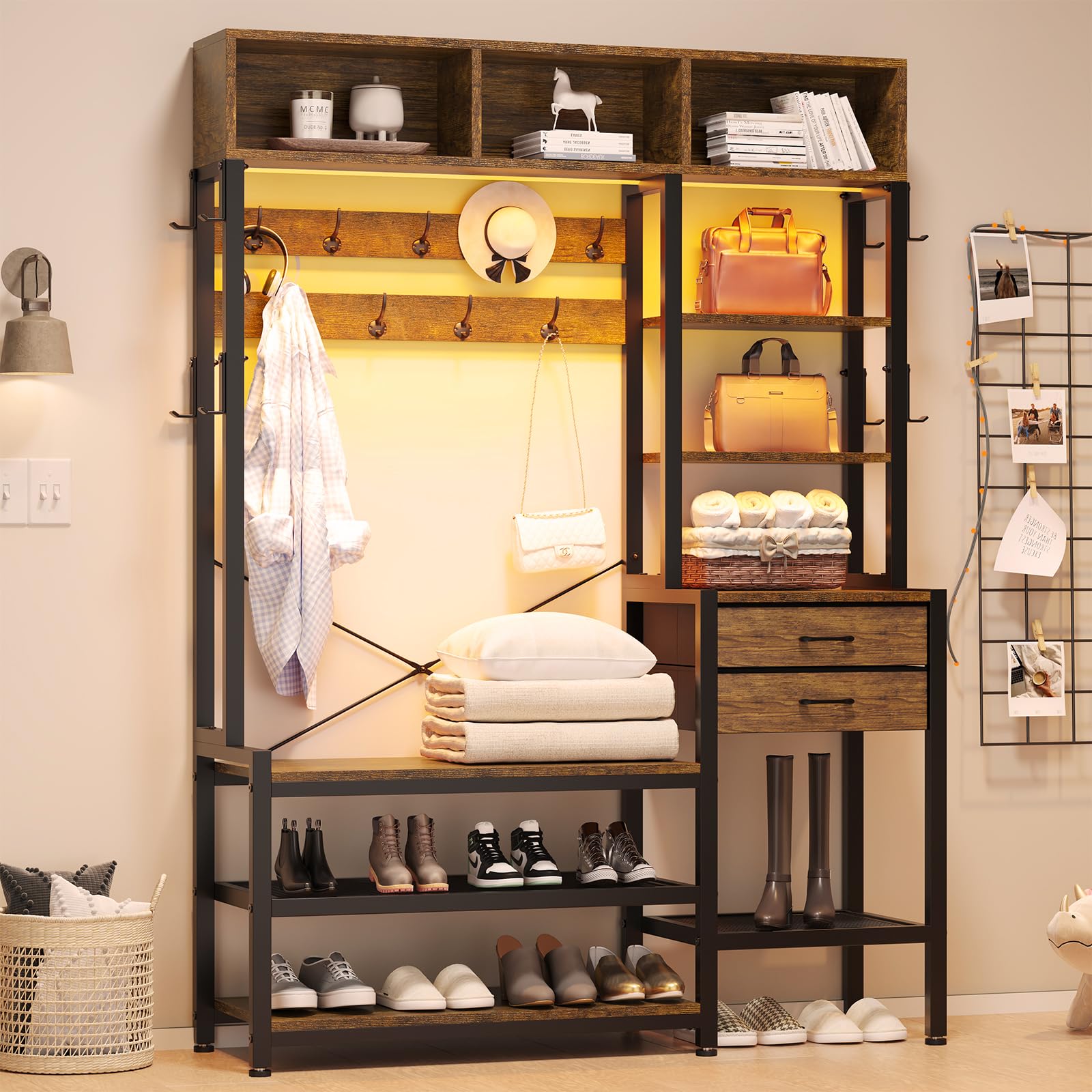 Itaar 7-in-1 Hall Tree Entryway Bench with Coat Rack - Rustic Brown Shoe Storage Organizer, 3 Cubbies & 3 Shelves, 17 Hooks & 2 Fabric Drawers - Perfect for Mudroom, Foyer & Small Space Organization