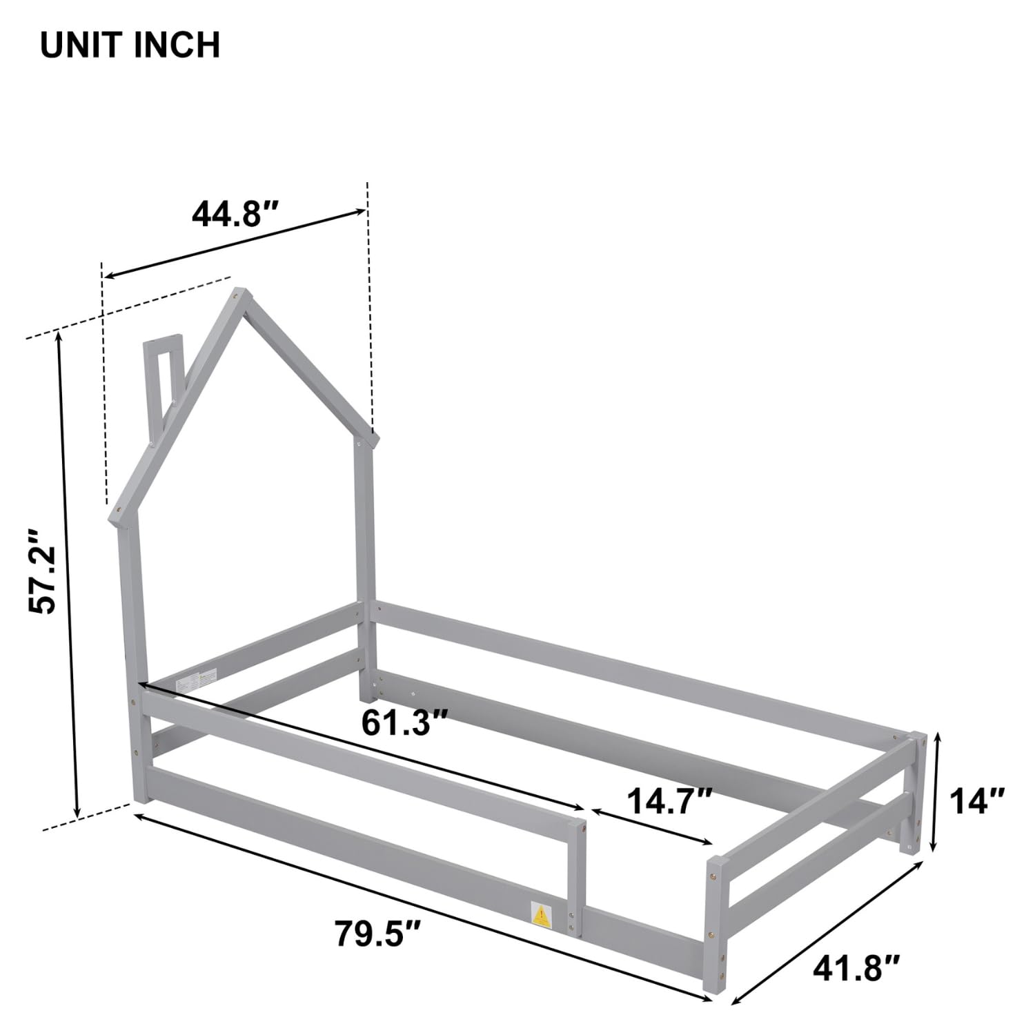 Montessori Twin Size Wood Floor Bed Frame with Safety Rails & House-Shaped Headboard - Low Profile Grey Wooden Bed for Kids Boys Girls - Perfect for Montessori Bedrooms, Daycare Centers & Toddler Rooms