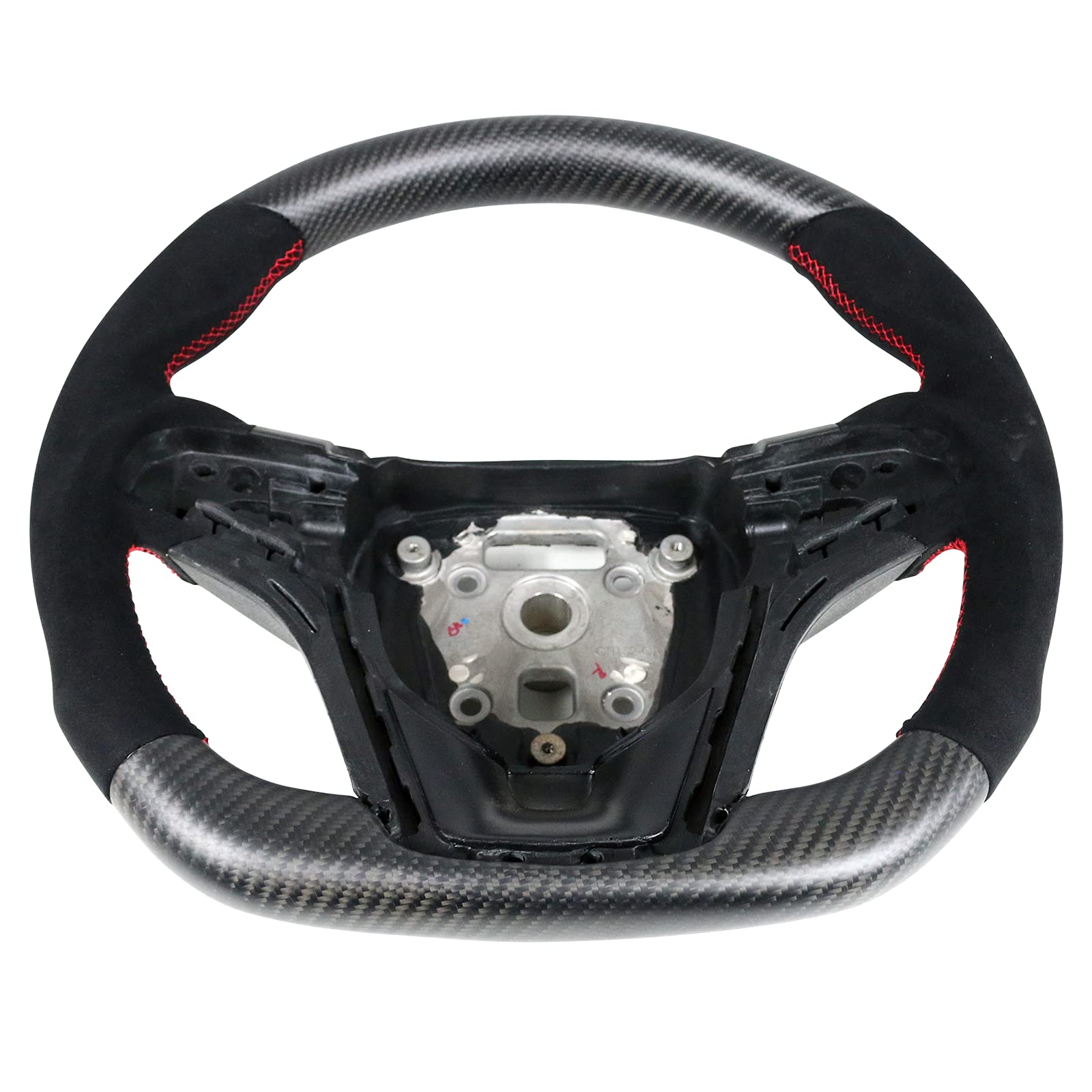 FREEMOTOR802 Matte Carbon Fiber & Synthetic Suede Steering Wheel with Red Stitching - Compatible with 2012-2015 Chevrolet Camaro - Upgrade Your Ride with Premium Brushed Kit for Sporty Look & Enhanced Grip