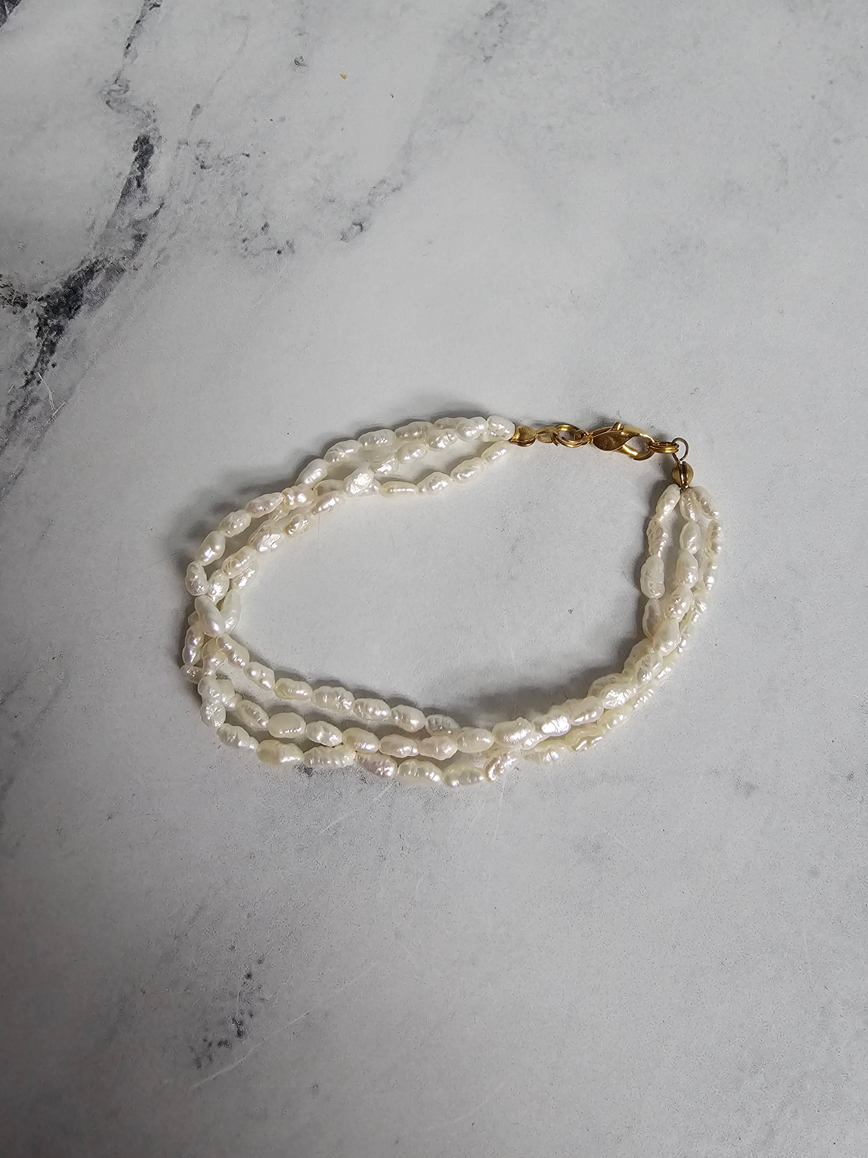 14K Yellow Gold Triple Rice Pearl Bracelet for Women - Elegant & Dainty Jewelry Gift for Birthday, Anniversary & Special Occasions