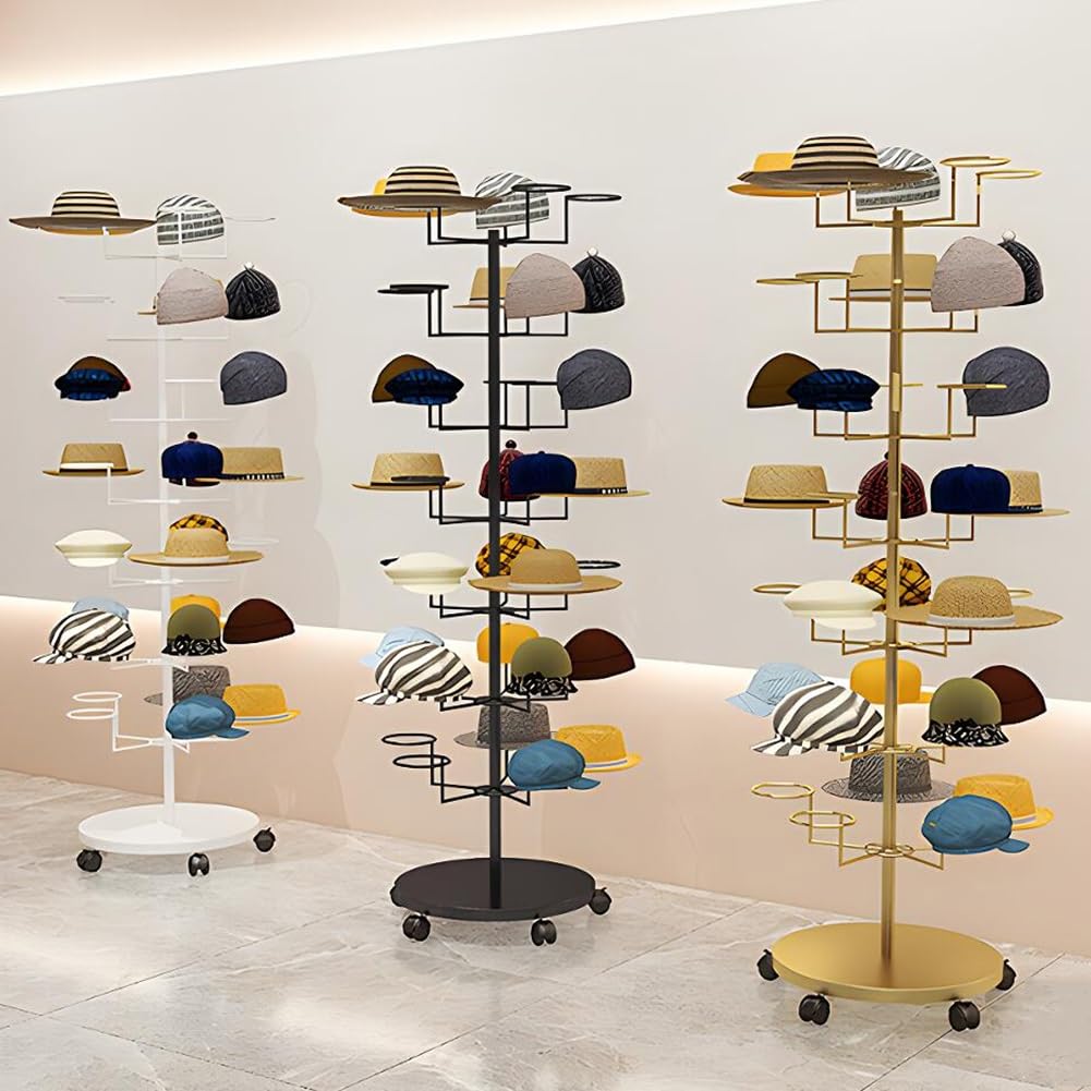 4/5/6/7 Tier Rotating Metal Hat Rack Stand with Wheels - Black Floor Standing Hat Display for Retail Stores, Boutiques & Cloakrooms (D-56x56x165cm) - Perfect for Hat Shops, Wig Displays & Home Organization