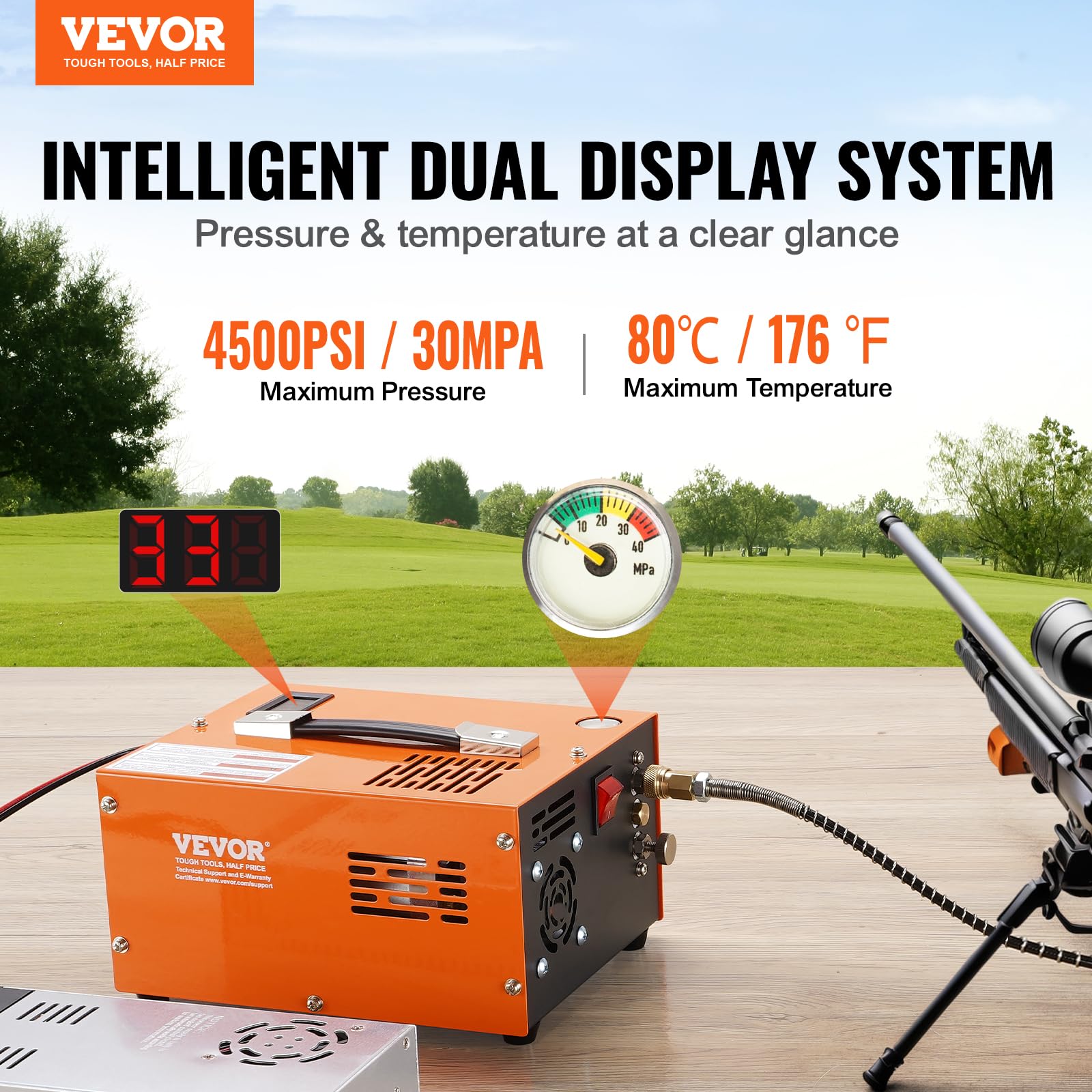 VEVOR 4500PSI Portable PCP Air Compressor for Airguns, Paintball & Scuba Tanks - Oil-Free, Water-Free, 12V/115V Dual Power with Manual Stop - Perfect for Hunting, Sports & Diving Adventures