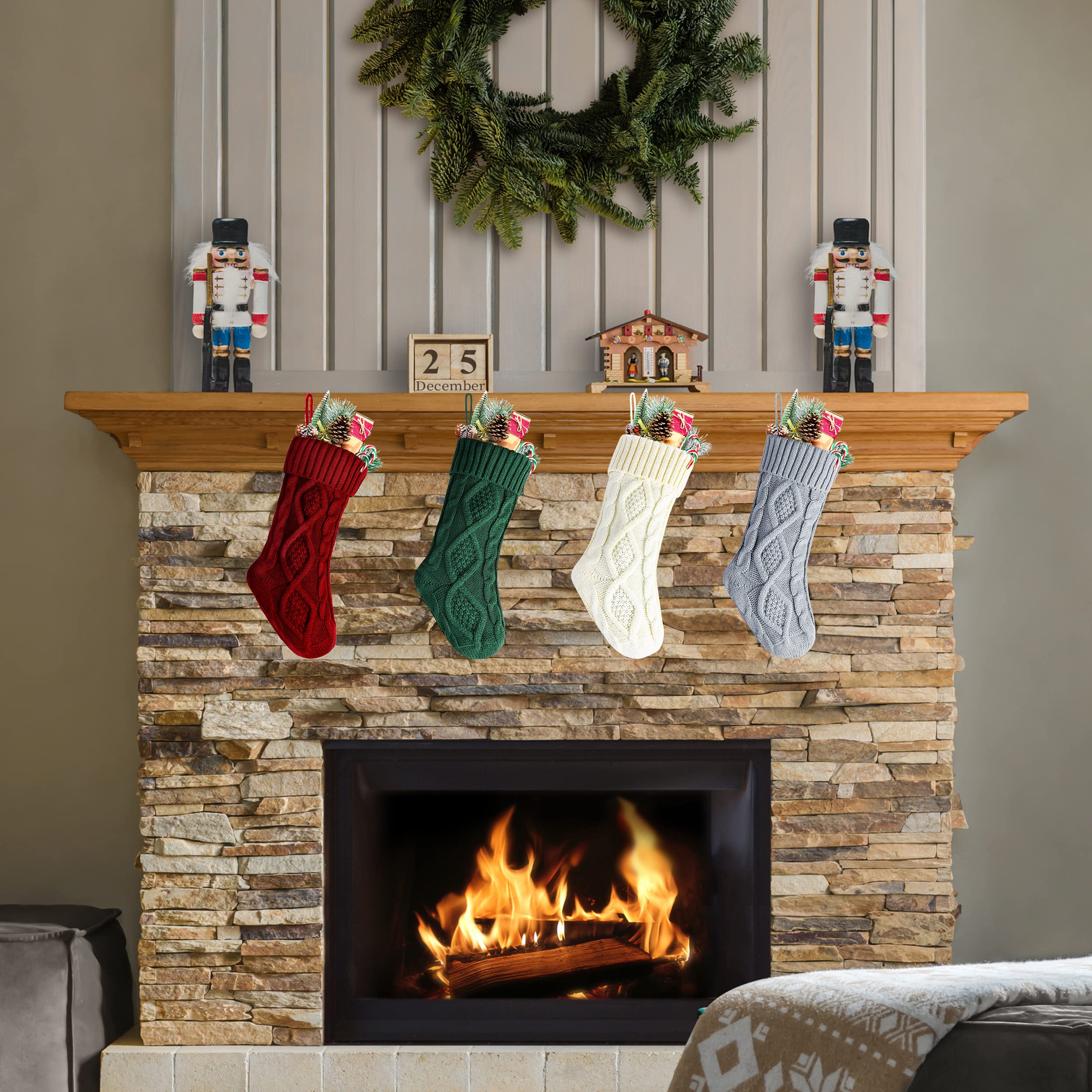 4-Pack 14 Inch Knit Christmas Stockings - Burgundy, Green, Ivory & Gray for Holiday Decor, Fireplace Mantel & Festive Gift Giving